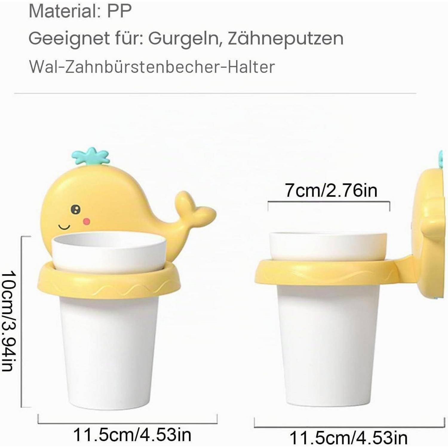 Produktdiagramm eines gelben, walförmigen Zahnbürstenbecher-Halters, der einen weißen Becher hält, mit der Bezeichnung 10 cm hoch und 11,5 cm breit bei 7 cm Tiefe.