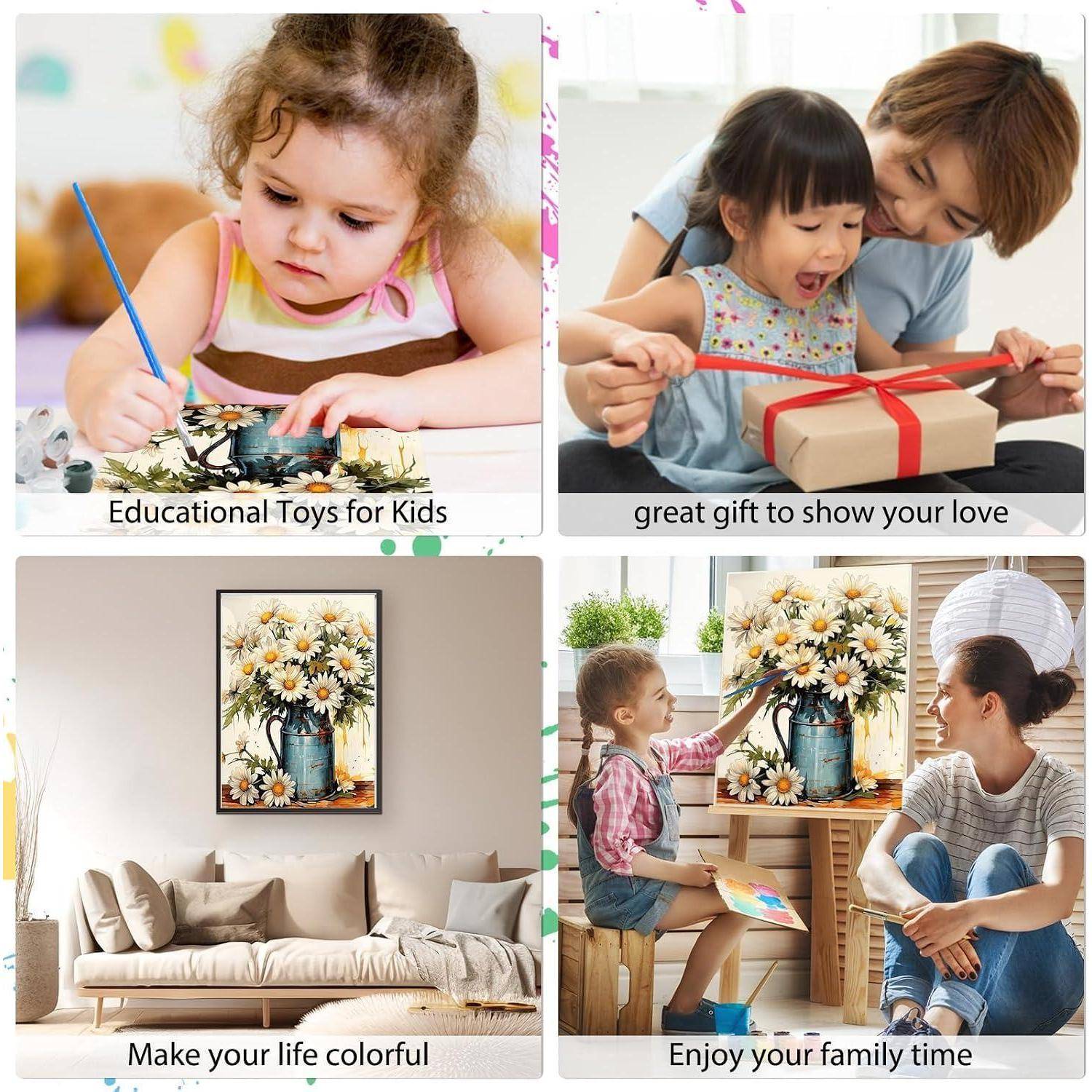 Vierteiliges Werbekollage: Kinder spielen mit Lernspielzeug, öffnen ein Geschenk, ein buntes Wohnzimmer, und eine Mutter und ein Kind genießen gemeinsame Familienzeit.