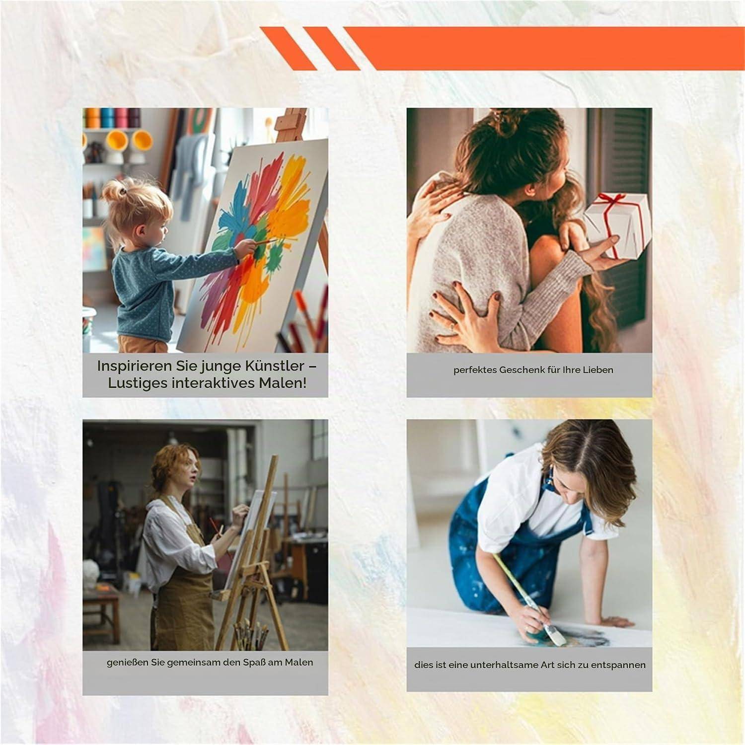 Deutsche Werbekollage mit vier Fotos: Kinder und Erwachsene beim Malen oder beim Verschenken einer kreativen Aktivität, mit Bildunterschriften über die Inspiration junger Künstler, ein perfektes Geschenk, gemeinsamen Spaß und entspannende Kunst.
