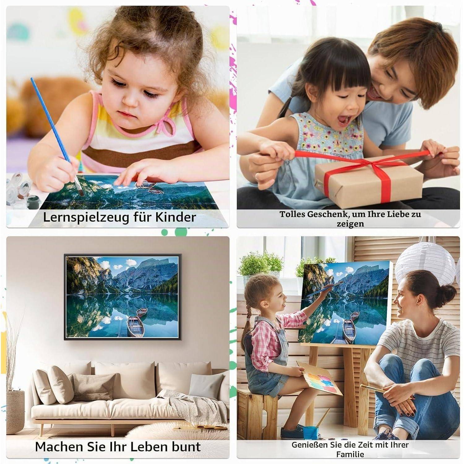 Vierteiliges Collage-Kunstdruckset: pädagogisches Spielzeug für Kinder, Geschenkverpackung, Wandkunst für das Wohnzimmer und Familie beim gemeinsamen Malen.