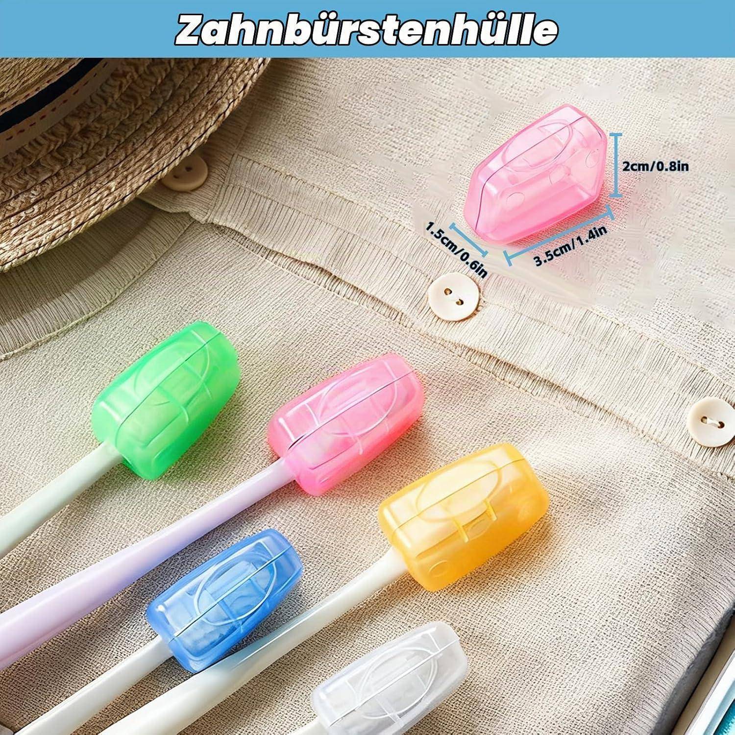 Produktbild von farbenfrohen Zahnbürsten-Reisekappen mit der Bezeichnung „Zahnbürstenhülle