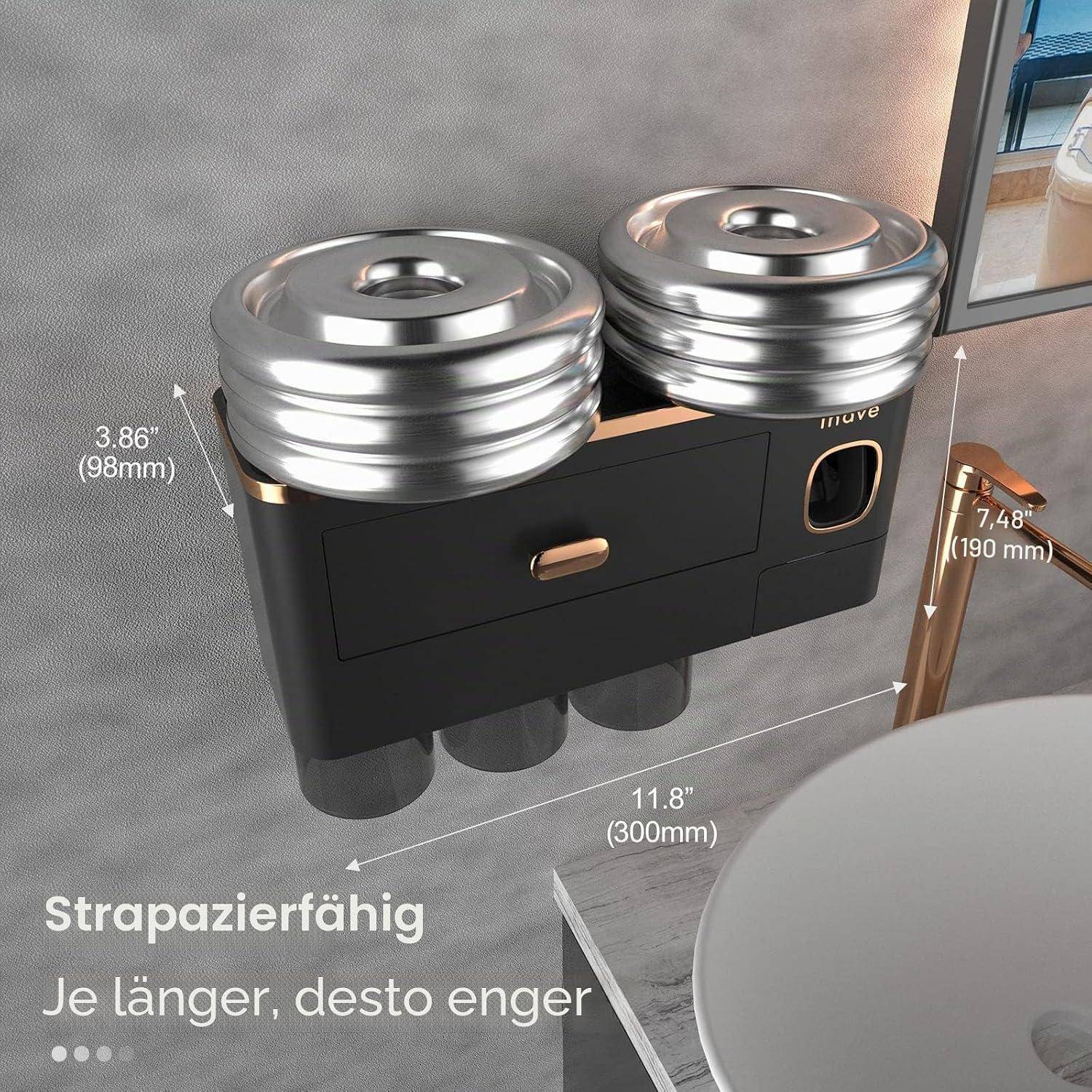 Schwarzer kompakter Lagerbehälter mit zwei silbernen Metalldeckeln, dargestellt mit Größenangaben 11,8 Zoll, 7,48 Zoll und 3,86 Zoll; deutscher Text sagt „Strapazierfähig
