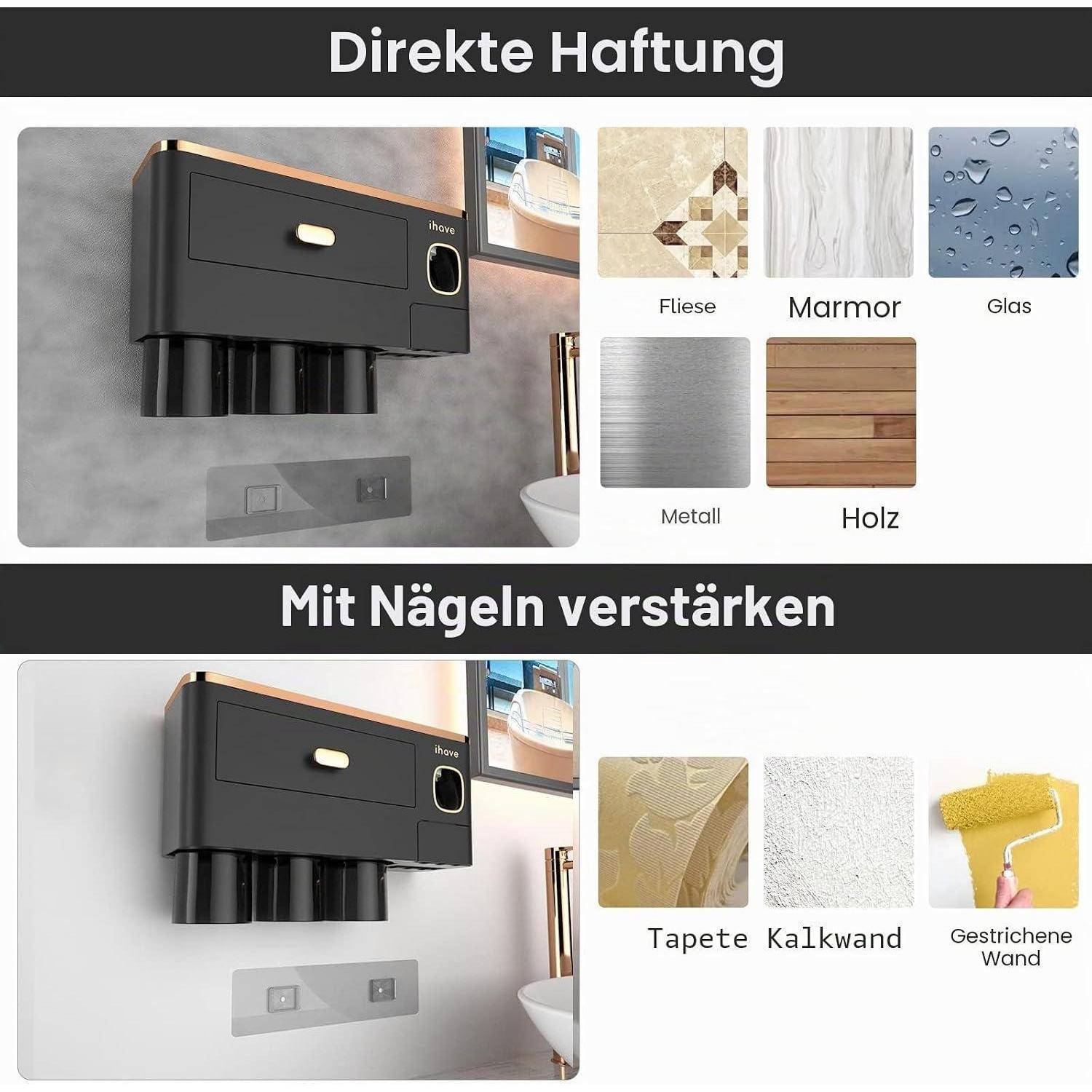 Vergleich einer wandmontierten Spenderanlage, die mit direktem Klebstoff auf Fliesen, Marmor, Glas, Metall und Holz installiert wird, und mit Nägeln auf Tapeten, Putz und gestrichenen Wänden für zusätzliche Stabilität.