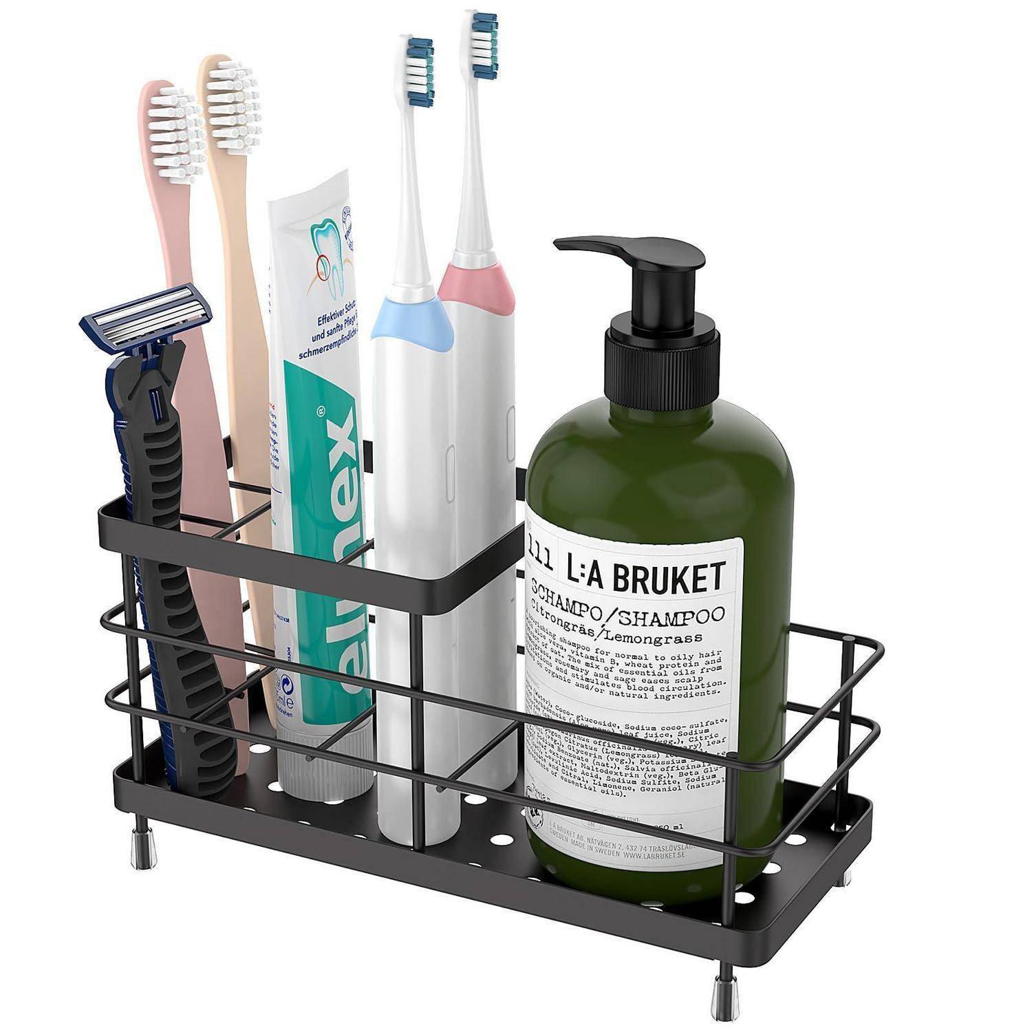Badorganizer aus schwarzem Metall, der Zahnbürsten, Zahnpasta, elektrische Zahnbürsten, einen Rasierer und eine Shampoo-Flasche in einem Gestell hält.