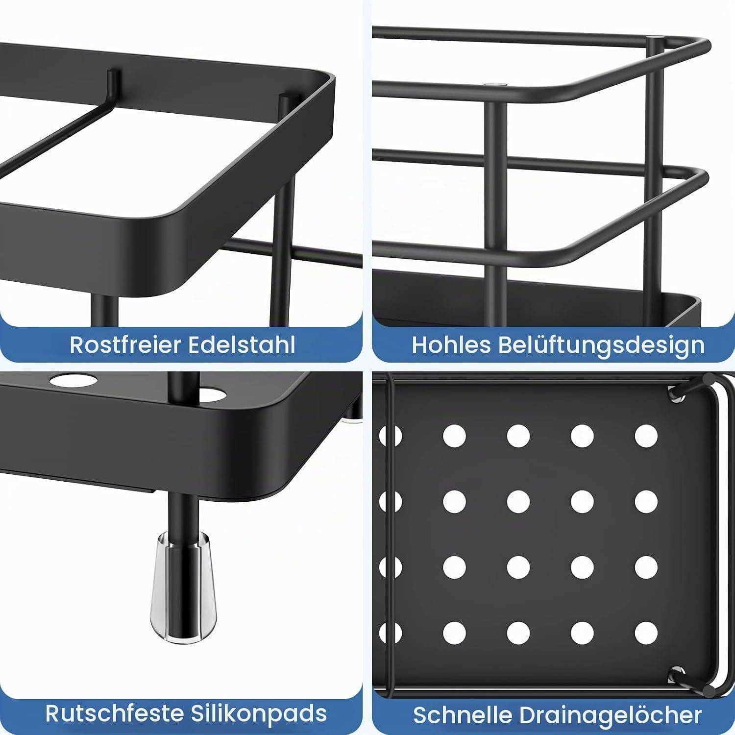 Vierteiliges Produktbild eines schwarzen Metallregals/Organizers mit Hervorhebung von Edelstahl, belüftetem Design, rutschfesten Silikonpads und schnellen Ablöscher.