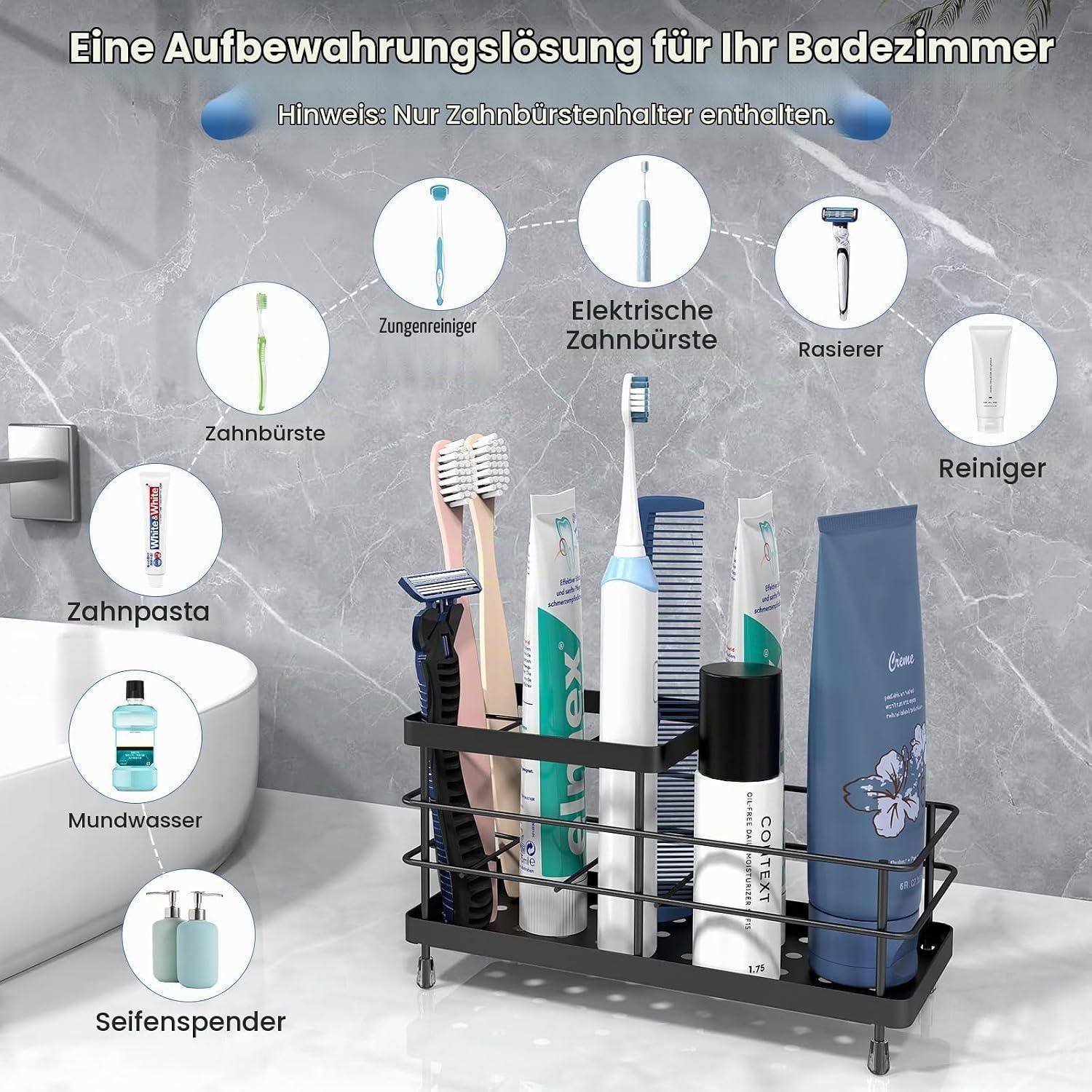 Badezimmerorganizer für Mundpflegeartikel, dargestellt mit einem Halter für Zahnbürsten, elektrischer Zahnbürste, Rasierer, Zahnpasta, Mundwasser, Seifenspender, Zungenschaber und Reinigungsmittel.