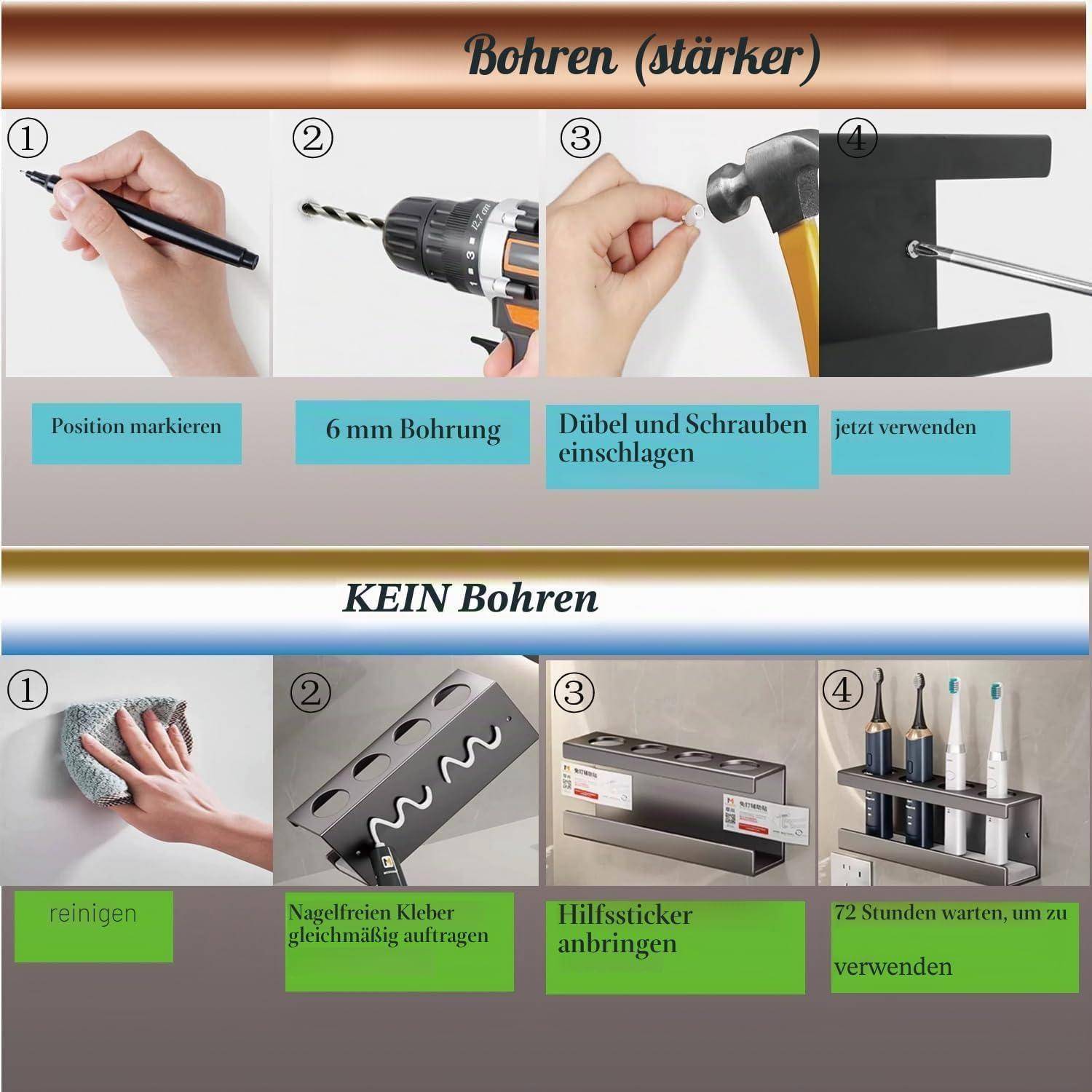 Infografik zum Vergleich von Installationsmethoden: Bohrschritte mit Marker, 6-mm-Bohrer, Dübel und Schraube im Vergleich zu bohrfreien Schritten mit Reiniger, Klebstoff, Trägerstreifen und anschließendem 72-Stunden-Warten vor Gebrauch.