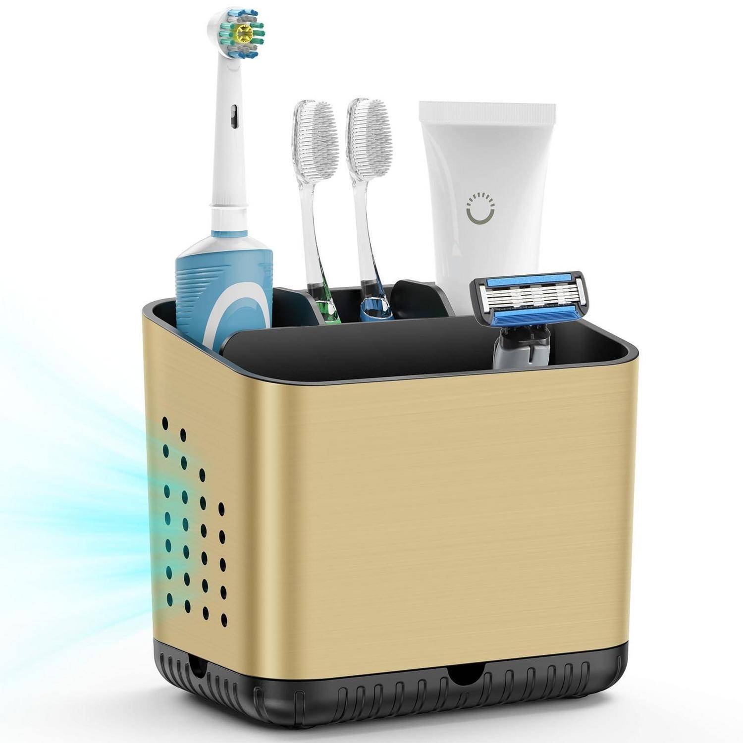 Badezimmer-Organizer für die Arbeitsplatte mit Platz für zwei Zahnbürsten, elektrische Zahnbürste, Zahnpasta und Rasierer in einem gold-schwarzen Behälter.