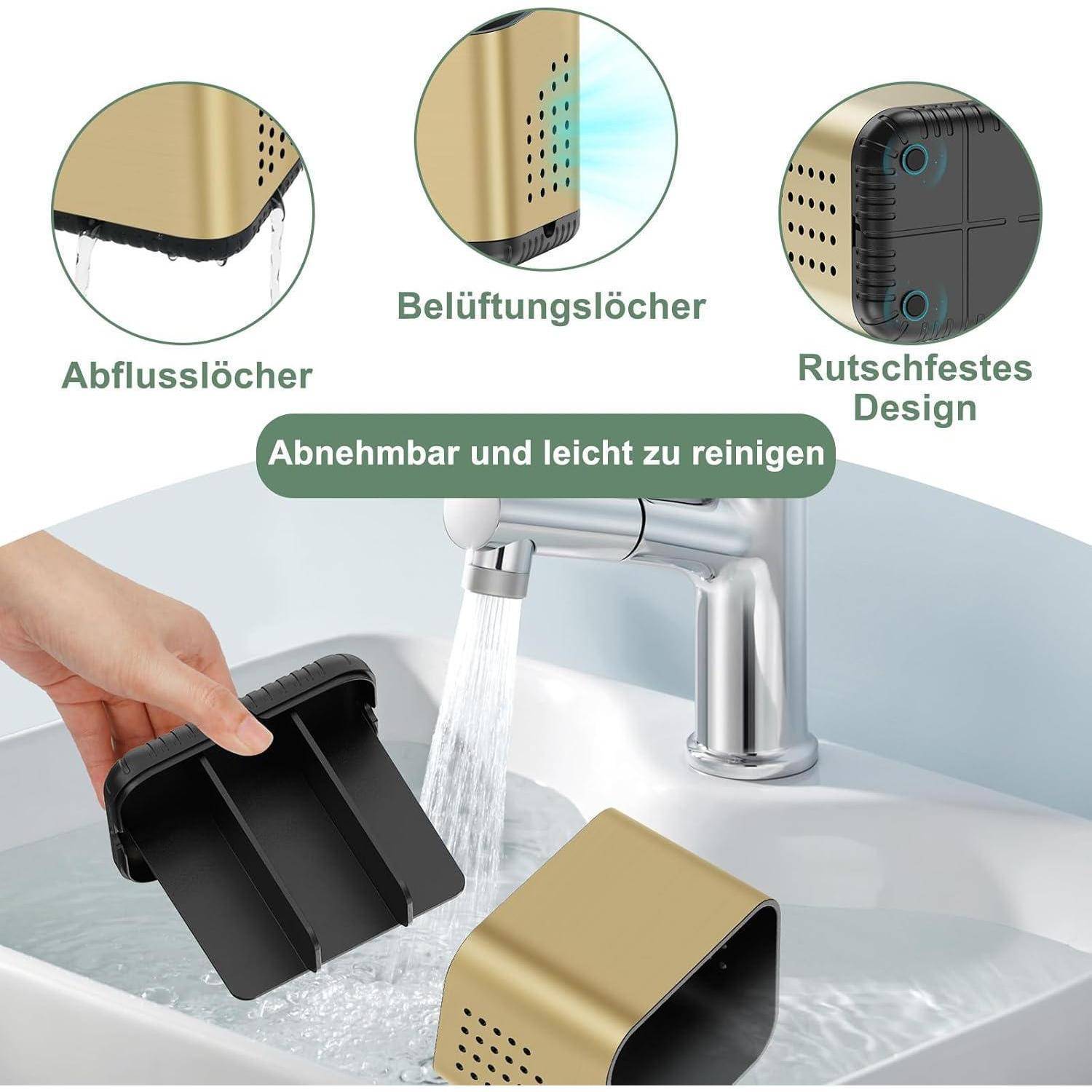 Produktmerkmale über einem Waschbecken: Ablöcher, Belüftungslöcher, rutschfeste Gestaltung und abnehmbare, leicht zu reinigende Teile unter fließendem Wasser.