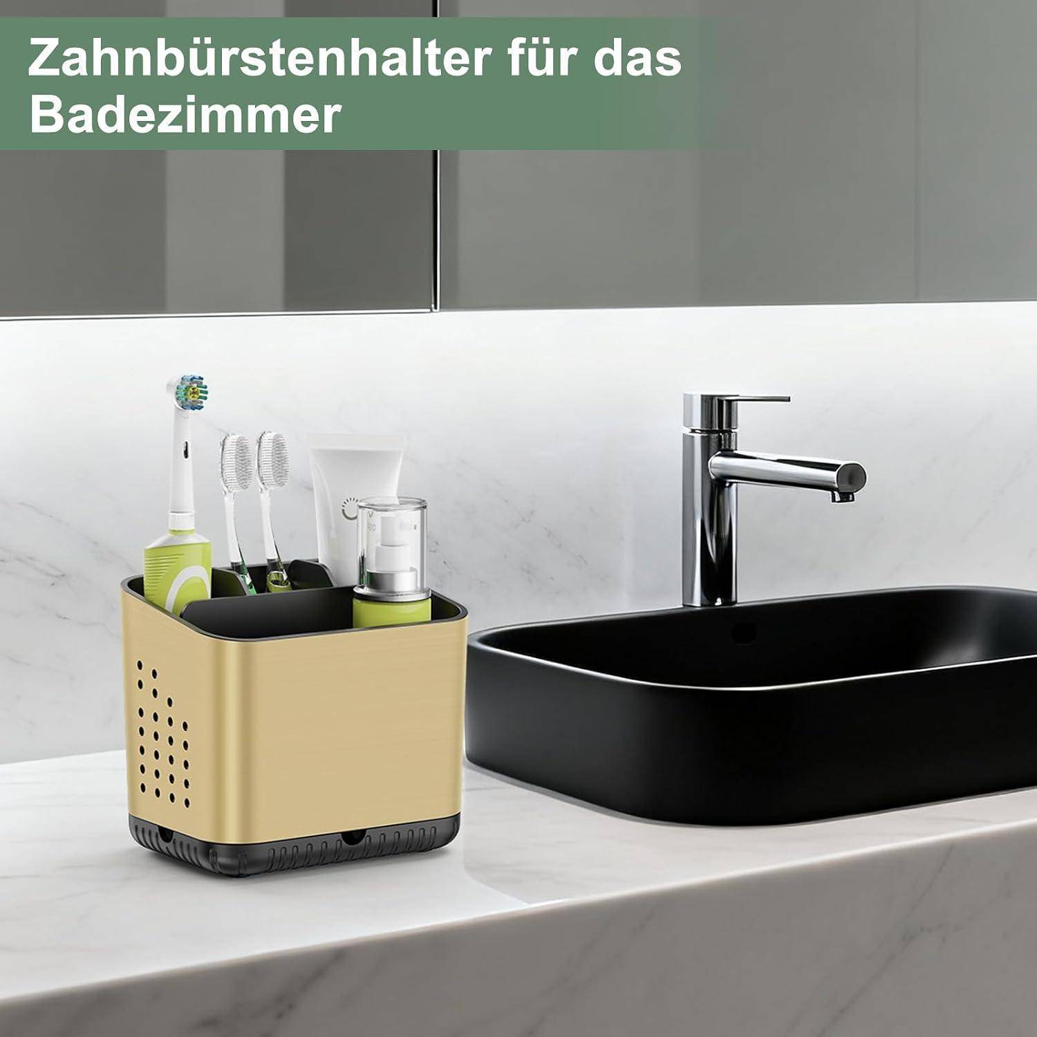 Badezimmer-Zahnbürstenhalter-Caddy auf einer Arbeitsplatte neben einem schwarzen Waschbecken und Wasserhahn, in dem Zahnbürsten und Toilettenartikel aufbewahrt werden.