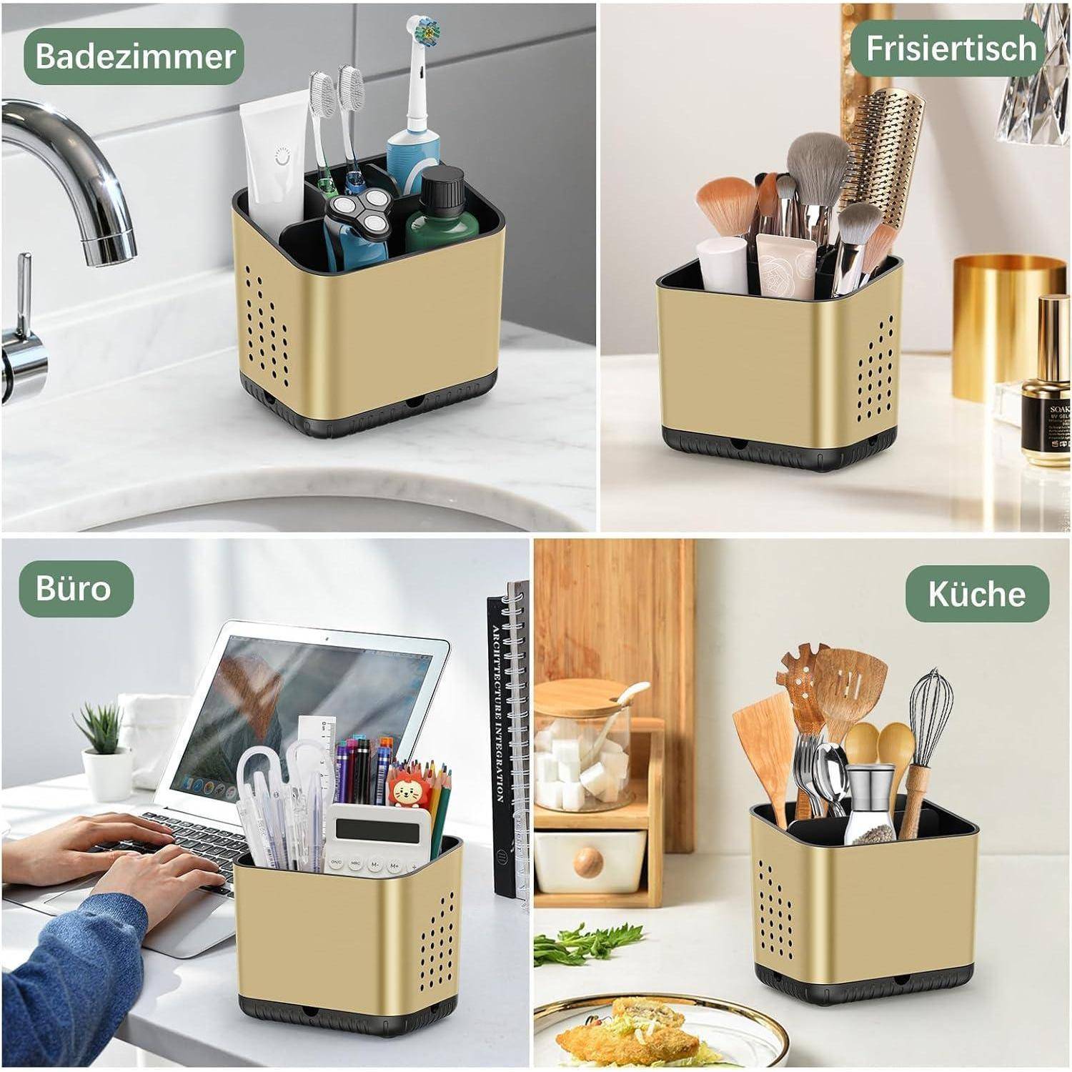 Quadratischer Goldener Schreibtischorganizer für das Badezimmer, Frisiertisch, Büro und die Küche, zum Aufbewahren von Toilettenartikeln, Makeup-Pinseln, Schreibwaren und Utensilien.