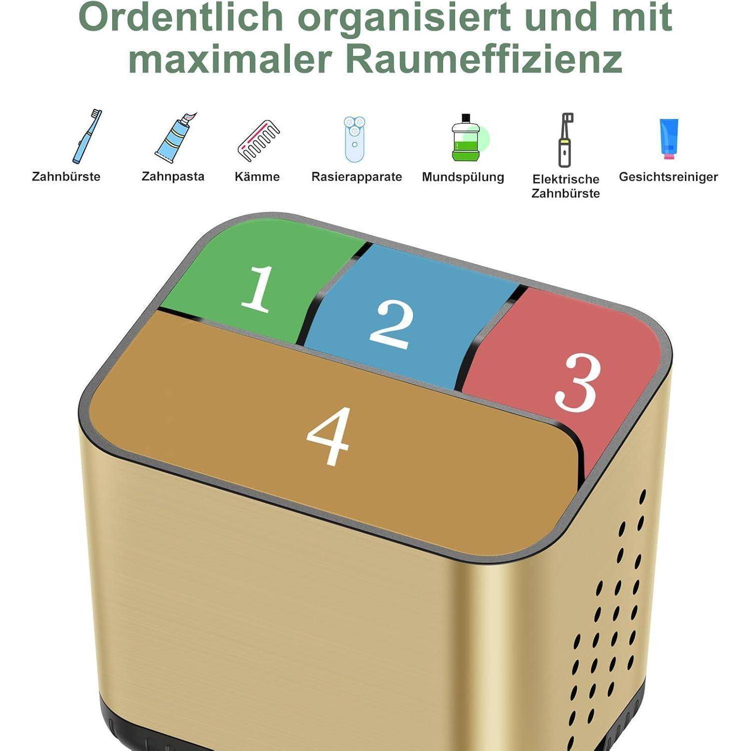Goldener Badezimmer-Organizer mit vier nummerierten Fächern für Zahnbürsten, Zahnpasta, Kämme und andere Badezimmerartikel; der deutsche Text besagt, dass er ordentlich organisiert ist und maximale Platzeffizienz bietet.