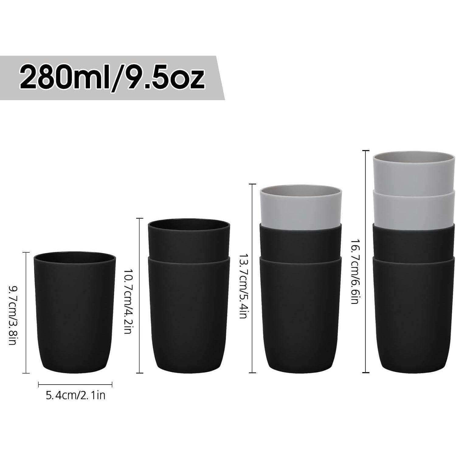 Stapelbares schwarzes Becherset, gezeigt in vier verschachtelten Konfigurationen, mit 280ml/9,5oz Beschriftung, mit Höhen von 9,7cm bis 16,7cm und Breite 5,4cm.