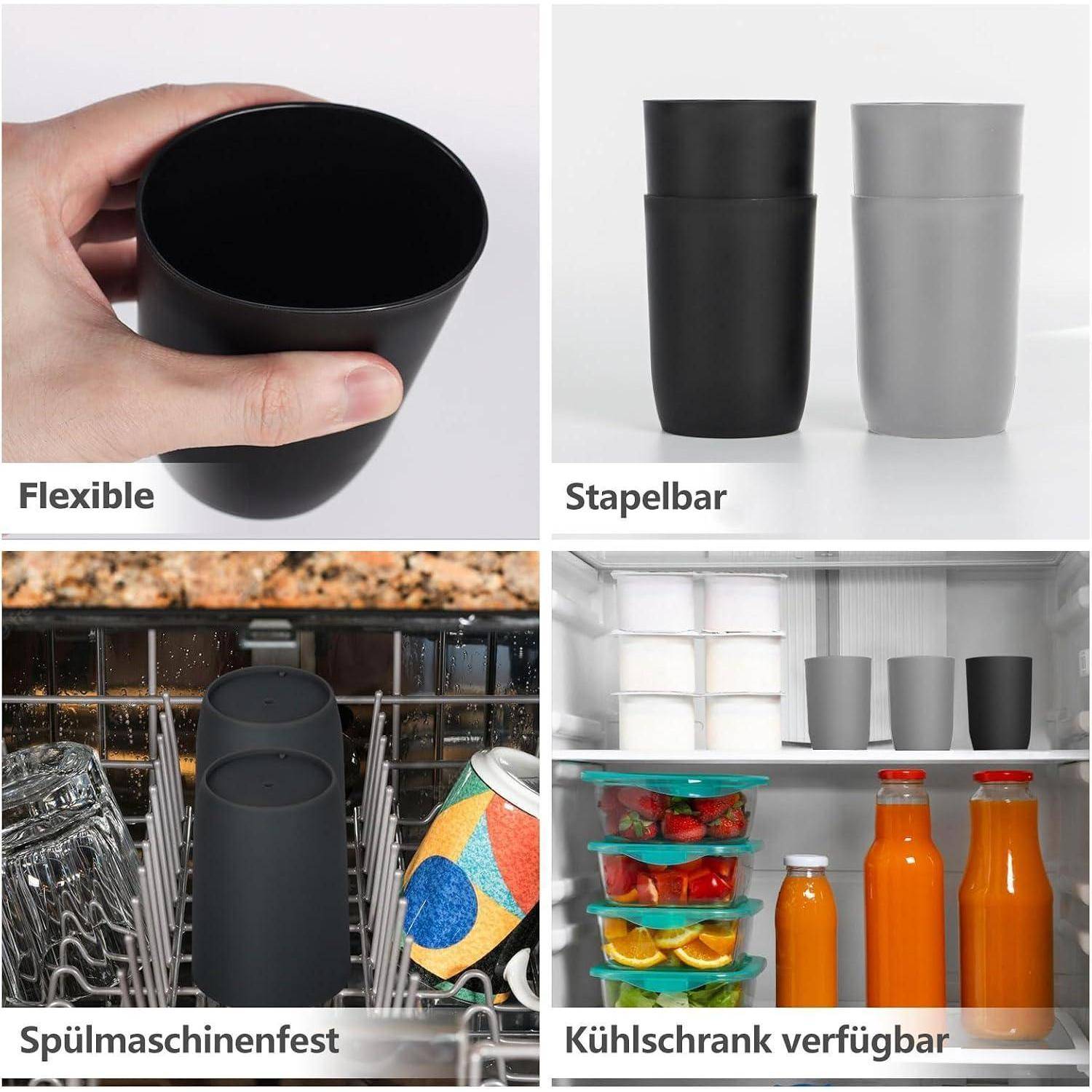 Zusammenklappbarer Becher, dargestellt in der Hand und mit Verwendungsmöglichkeiten: flexibel, stapelbar, spülmaschinenfest und für Kühlschrankaufbewahrung geeignet.