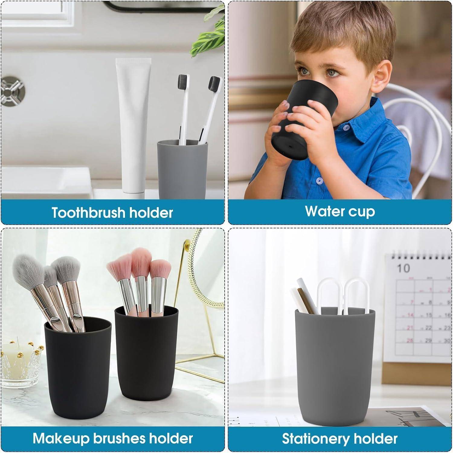 Vierteiliges Produktbild, das einen Mehrzweckbecher zeigt, der als Zahnbürstenhalter, Wasserbecher, Behälter für Makeup-Pinsel und Stifthalter verwendet wird.