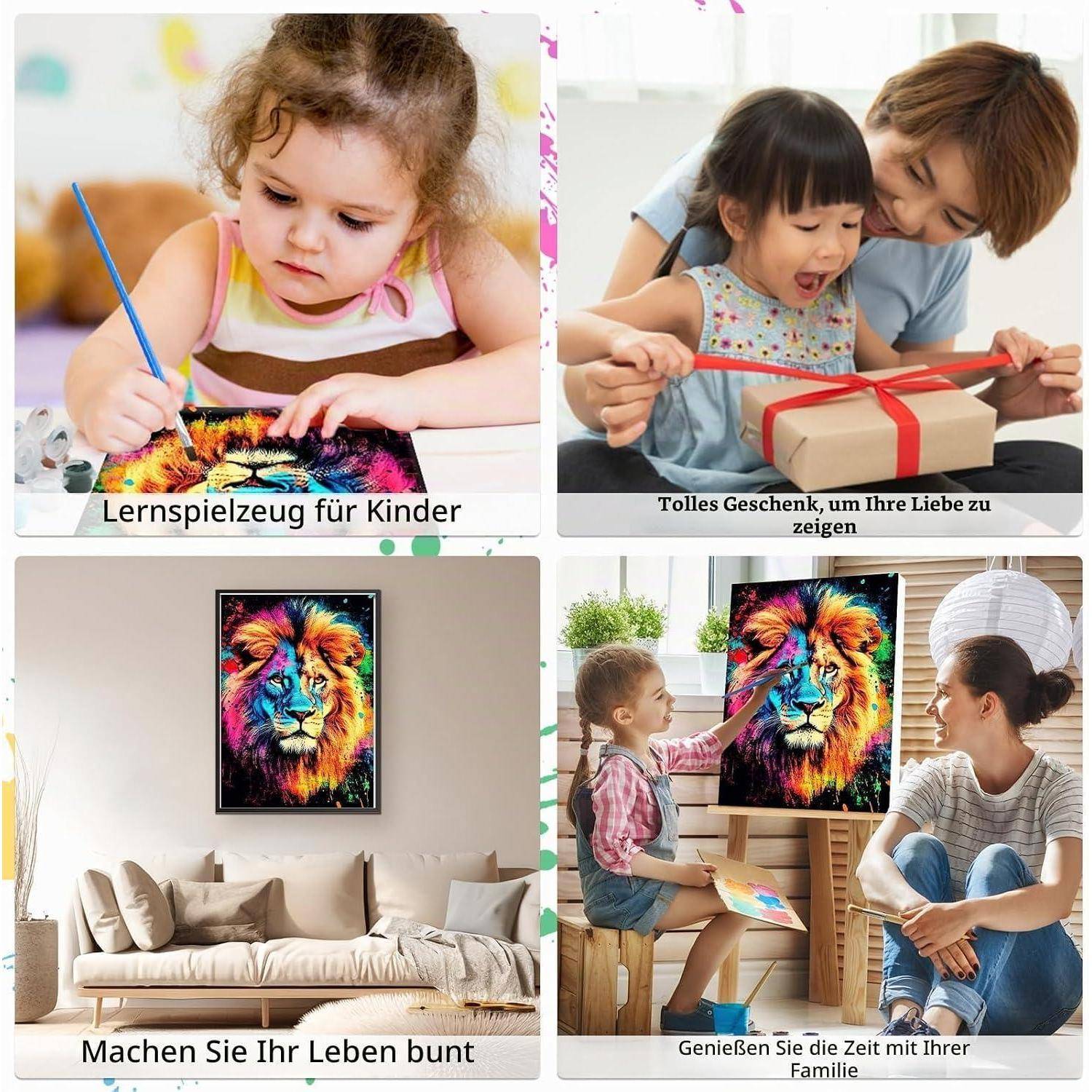 Vierteiliges Bildmosaik: Kinder malen und packen Geschenke aus, und eine Familie genießt ein buntes Löwenkunstwerk in einem Zuhause.