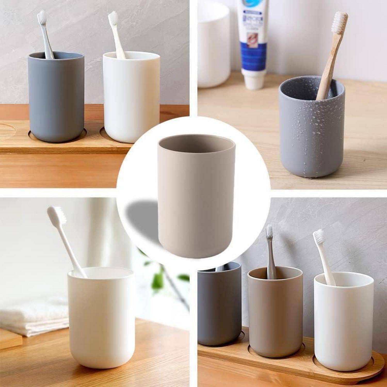 Collage von minimalistischen zylindrischen Zahnbürstenbecher in Grau, Weiß und Beige, jeweils mit einer Zahnbürste auf einem hölzernen Badezimmertresen.
