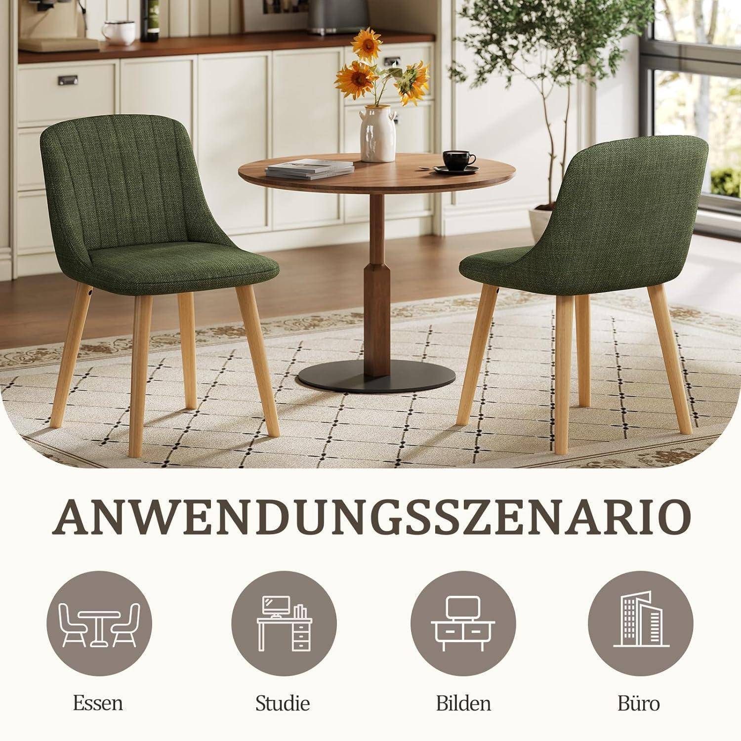 Zwei grün gepolsterte Stühle um einen kleinen runden Tisch in einem hellen, küchenähnlichen Raum; darunter deutsche Überschrift „ANWENDUNGSSZENARIO