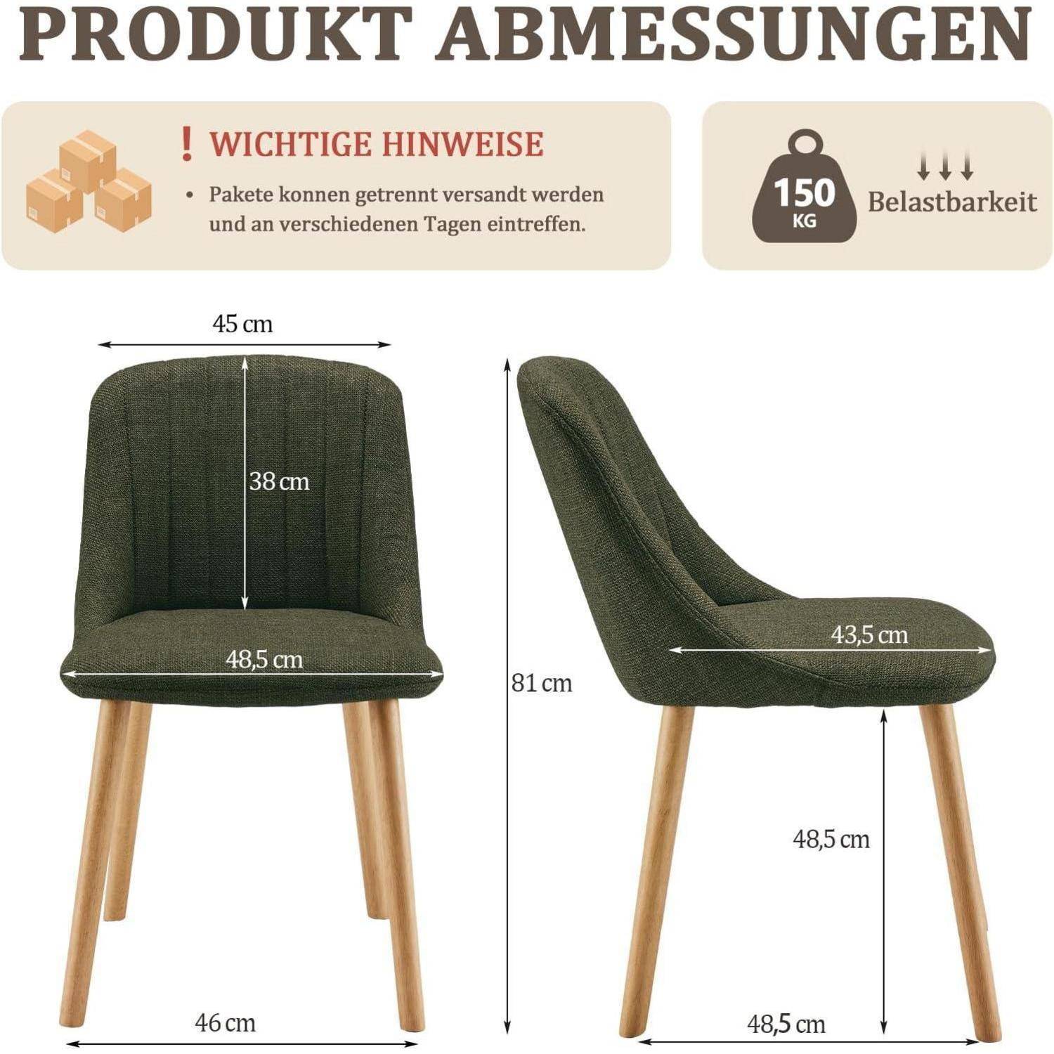 Produktabmessungen eines grün gepolsterten Stuhls: 81 cm hoch, 45 cm breit, 46 cm tief; Sitzfläche 48,5 cm breit, 43,5 cm tief, 38 cm Sitzhöhe, 150 kg Tragfähigkeit.