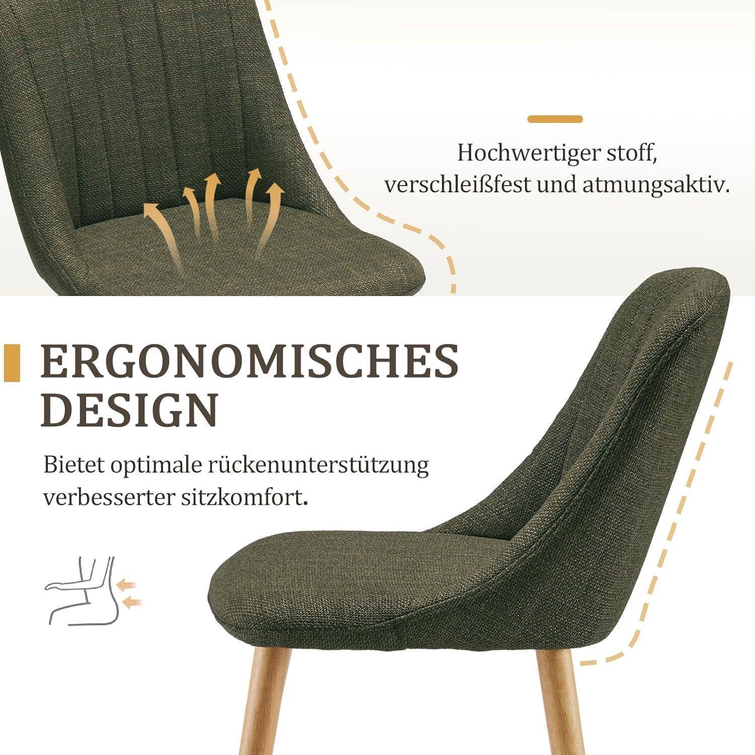 Werbeanzeige für einen grün gepolsterten Stuhl mit 'ERGONOMISCHES DESIGN'; zeigt Rückenstütze, komfortable Sitzform und hochwertigen, verschleißfesten Stoff.