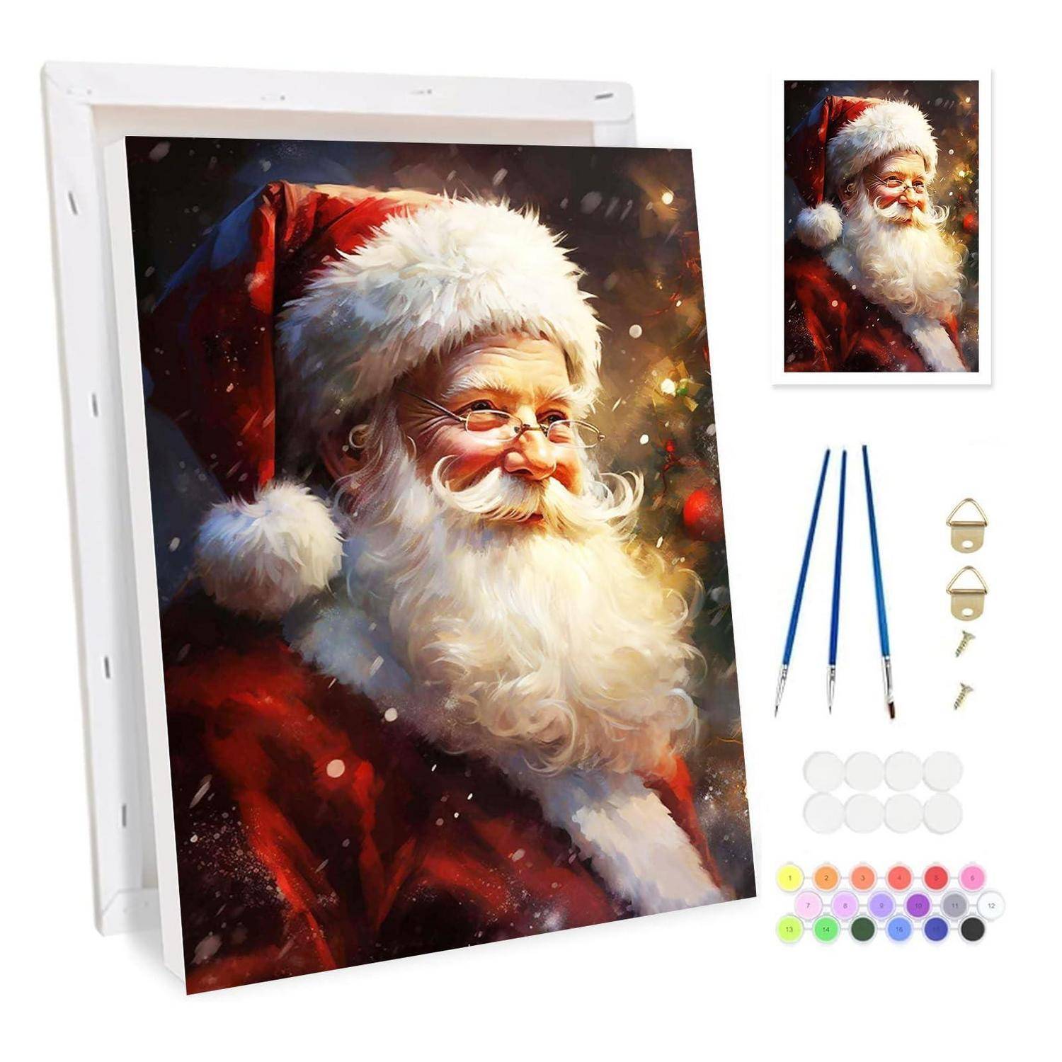 Diamond-Painting-Set mit einem Santa-Porträt auf einer gerahmten Leinwand, mit enthaltenen Malstiften, Wandaufhängern und farbigen Glitzersteinen.