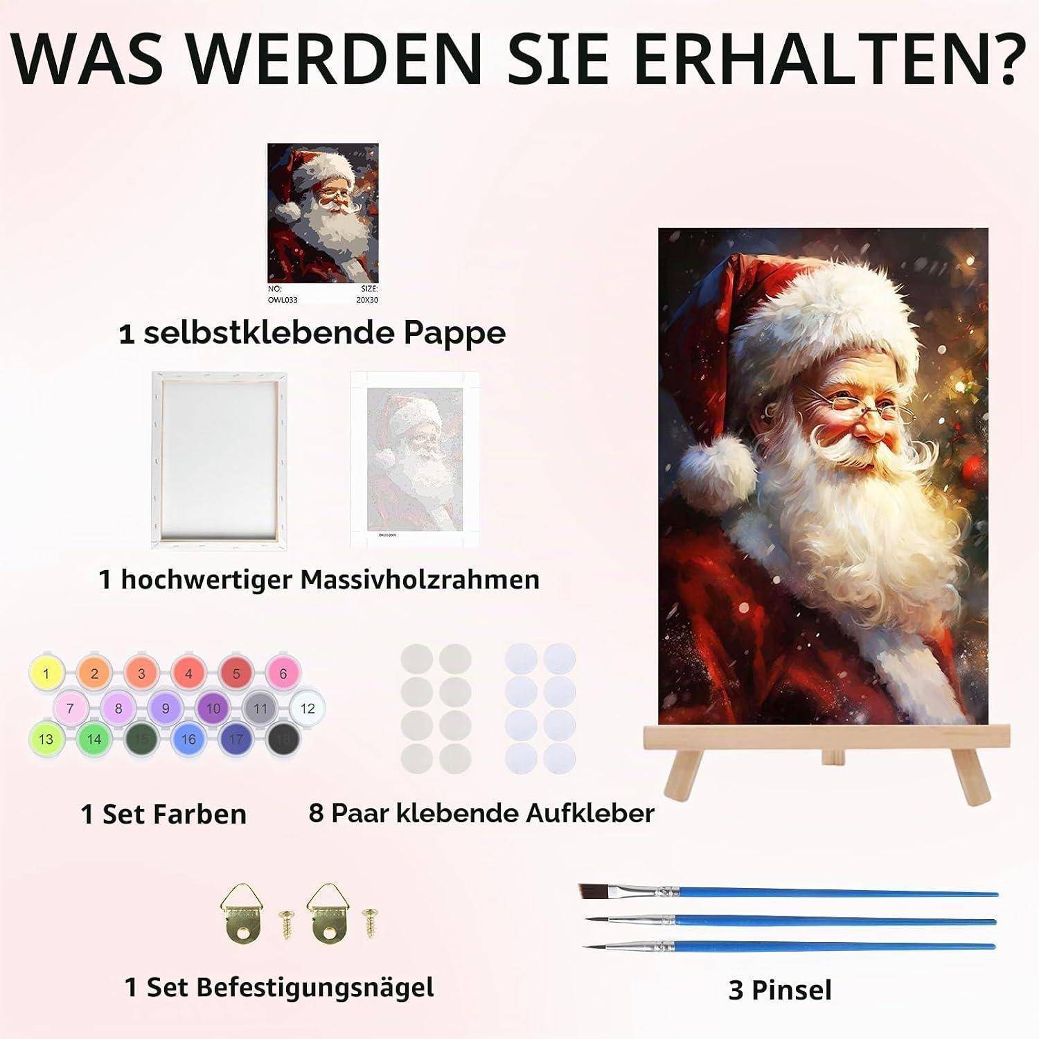 Deutsche Produktgrafik mit aufgelisteten Artikeln: selbstklebendes Leinentuch, massiver Holzrahmen, Farbset, Klebeetiketten, Befestigungsnägel und 3 Pinsel, mit einer Weihnachtsmannmalerei-Vorschau.