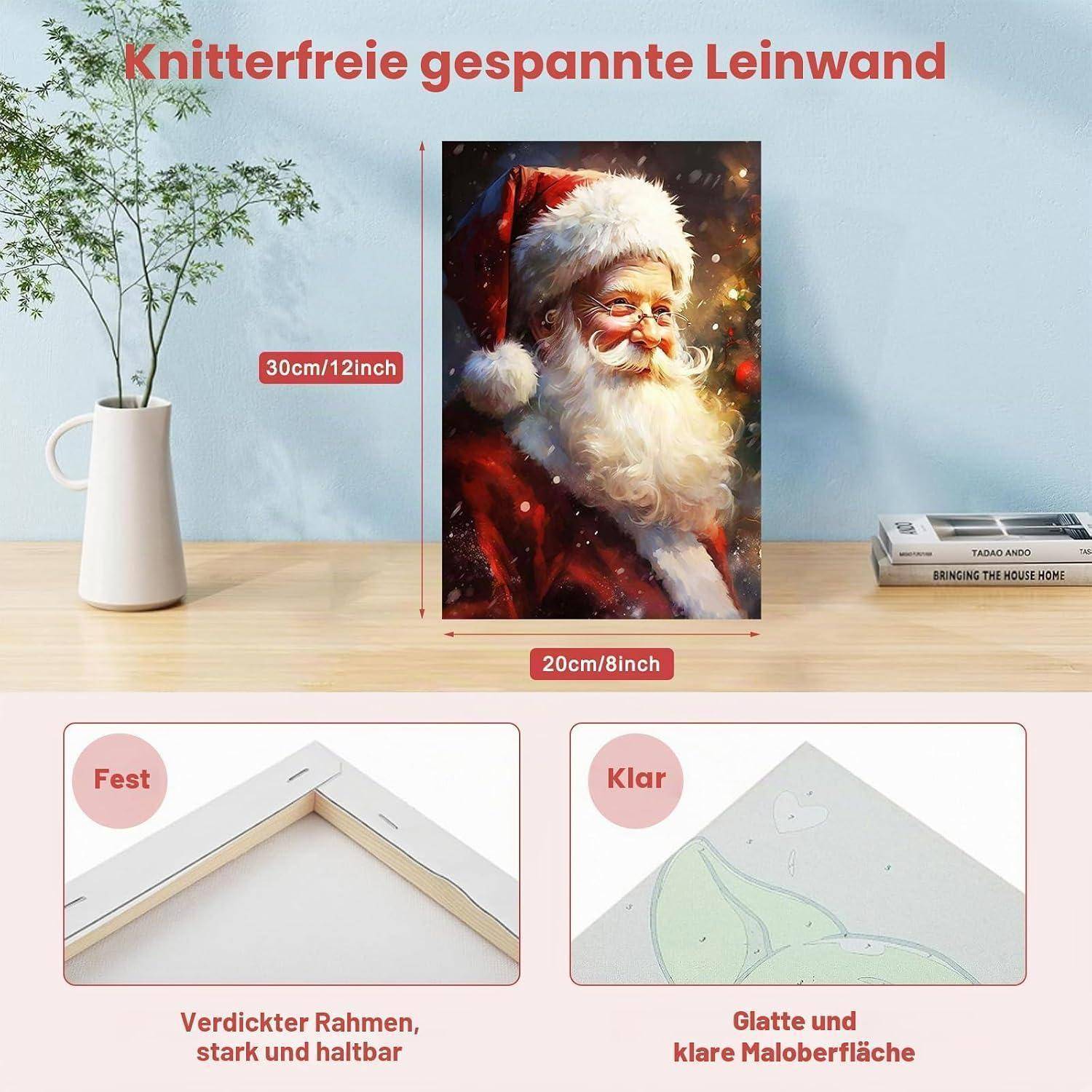 BOWETILE Weihnachtsmann Malen nach Zahlen für Erwachsene mit Rahmen, Zahlenmalerei Set für Anfänger Leinwand Kit, DIY Gemälde Bastelset auf Leinwa