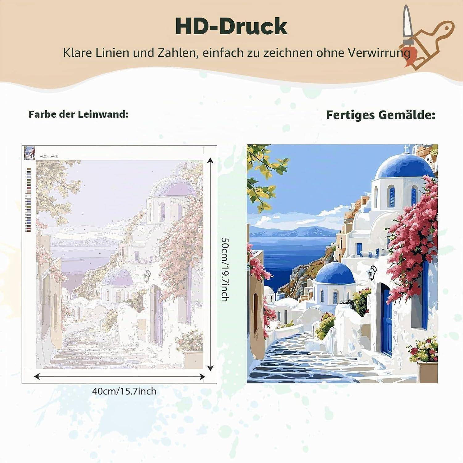 HD-Druck-Vergleich zeigt eine leere Leinwand-Skizze auf der linken Seite und das fertige Gemälde auf der rechten Seite: ein helles weiß-blaues griechisches Küstendorf mit Blumen und Meerblick.