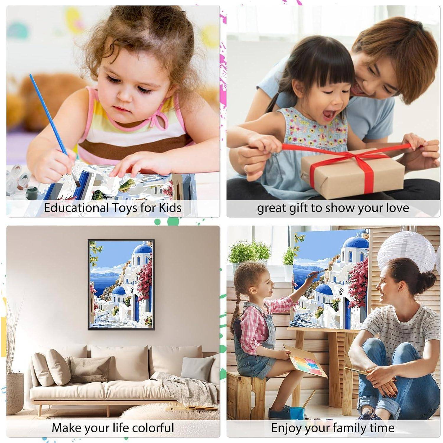 Vierteiliges Werbebild: Kinder malen, ein Kind erhält ein Geschenk, ein buntes Wandkunstdruck im Wohnzimmer und eine Familie genießt gemeinsam Kunst.