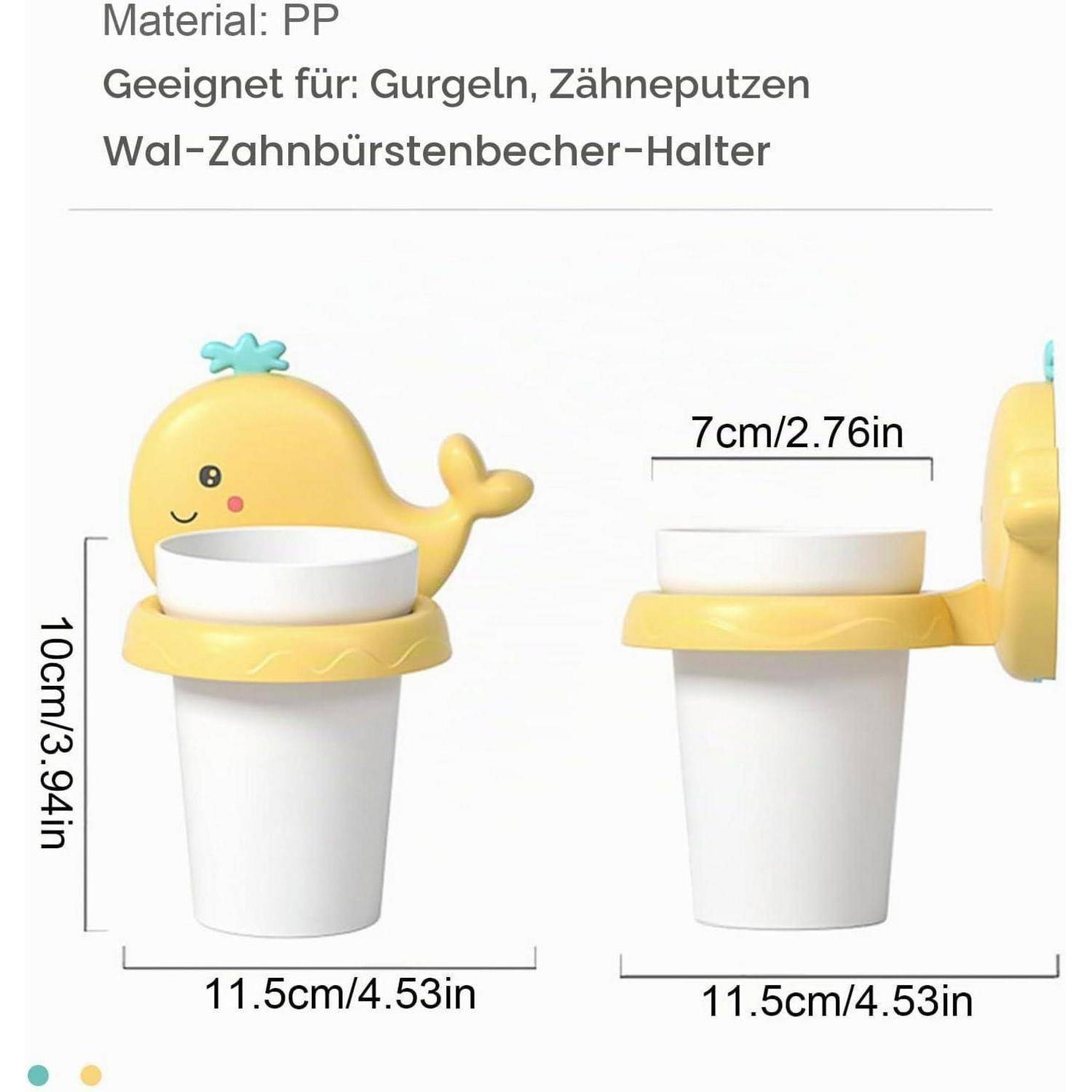 Illustration eines walförmigen Zahnburstenbecherhalters zur Wandmontage, dargestellt in Vorder- und Seitenansicht mit den Abmessungen 10 cm Höhe, 11,5 cm Breite und 7 cm Tiefe.