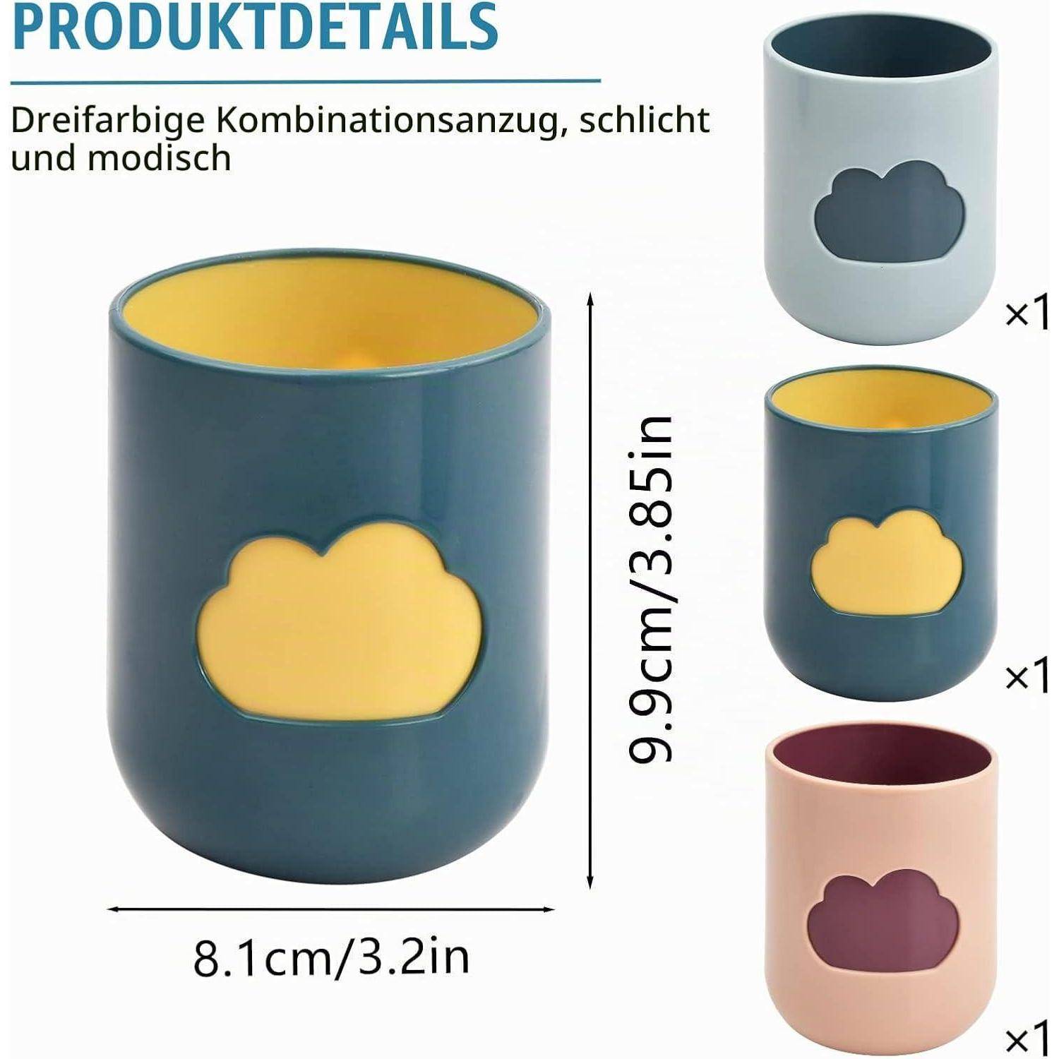 Produktdetails zeigen drei einfache, moderne Kombinationstassen in Grau, Blau und Rosa mit Wolkenausschnitt-Design; jede Tasse ist 8,1 cm breit und 9,9 cm hoch.