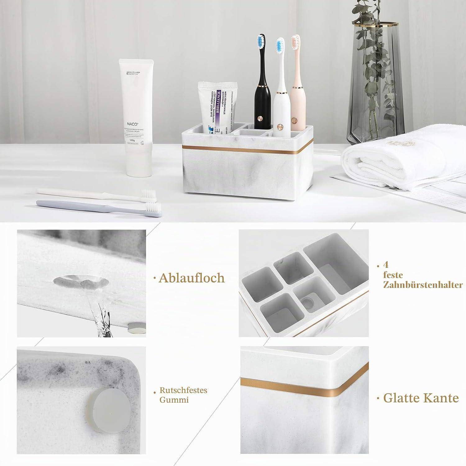 Badezimmer-Organizer in Weiß-Marmor-Optik mit Goldrand, der Zahnbürsten und Zahnpasta hält, mit Nahaufnahmen der Funktionen Drainageloch, rutschfeste Gummibasis, glatte Kante und 4 Zahnbürstenschlitze.