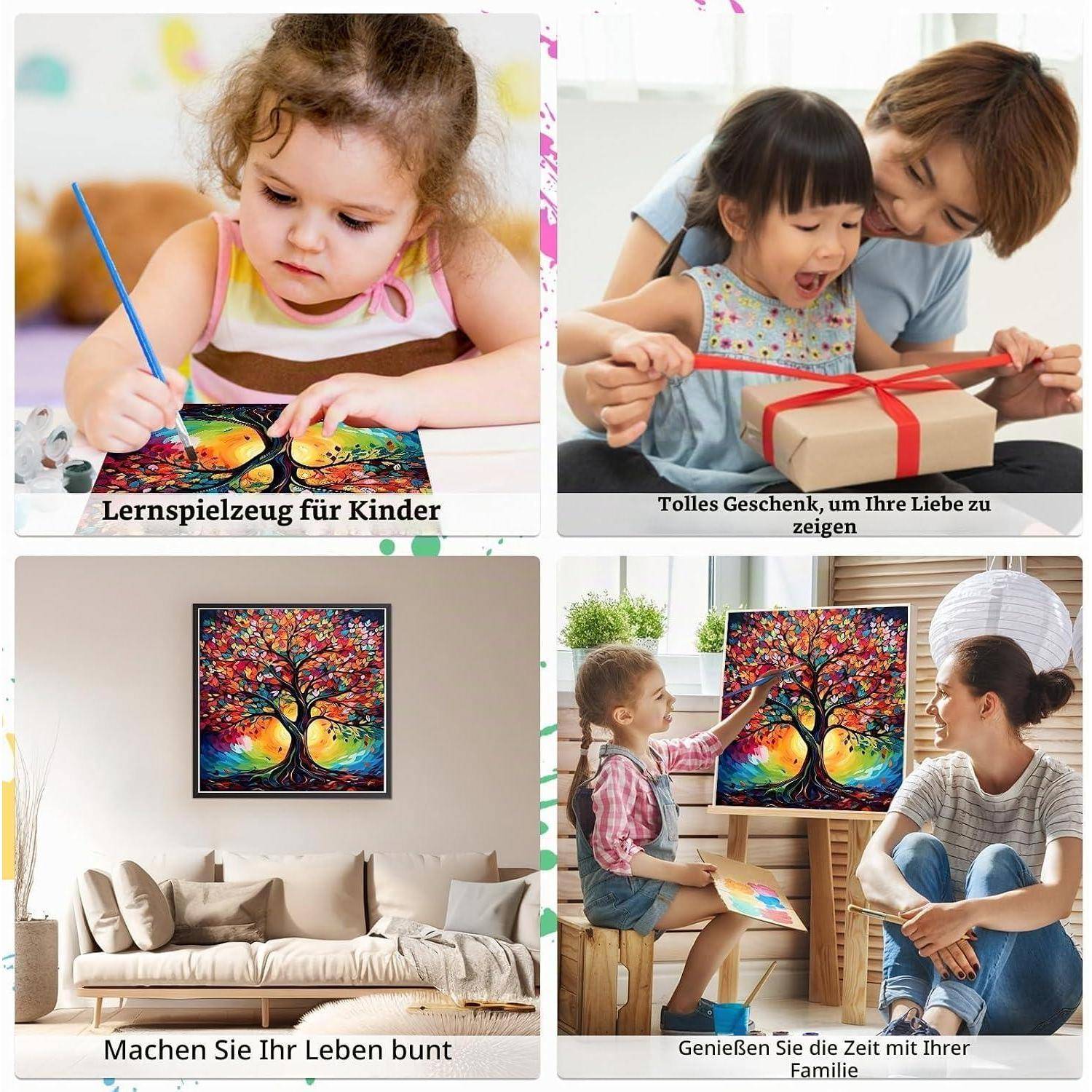 Vierfach-Collage: Ein Kind malt, eine Mutter und ein Kind öffnen ein Geschenk, ein buntes Baummotiv in einem Wohnzimmer, und eine Familie genießt gemeinsam Kunst mit deutschen Bildunterschriften.
