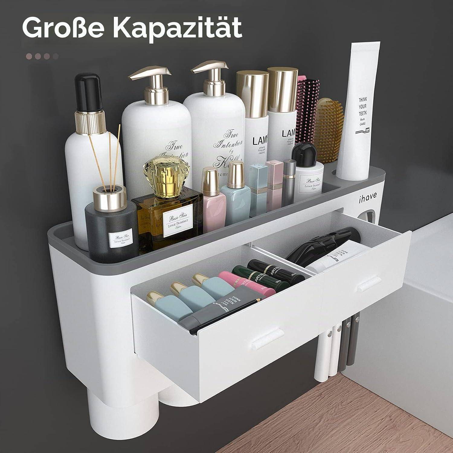 Badezimmer-Waschtisch-Organizer mit großem oberen Tablett und offener Schublade, die Toilettenartikel, Parfums und Styling-Tools aufbewahrt; die Beschriftung lautet „Große Kapazität