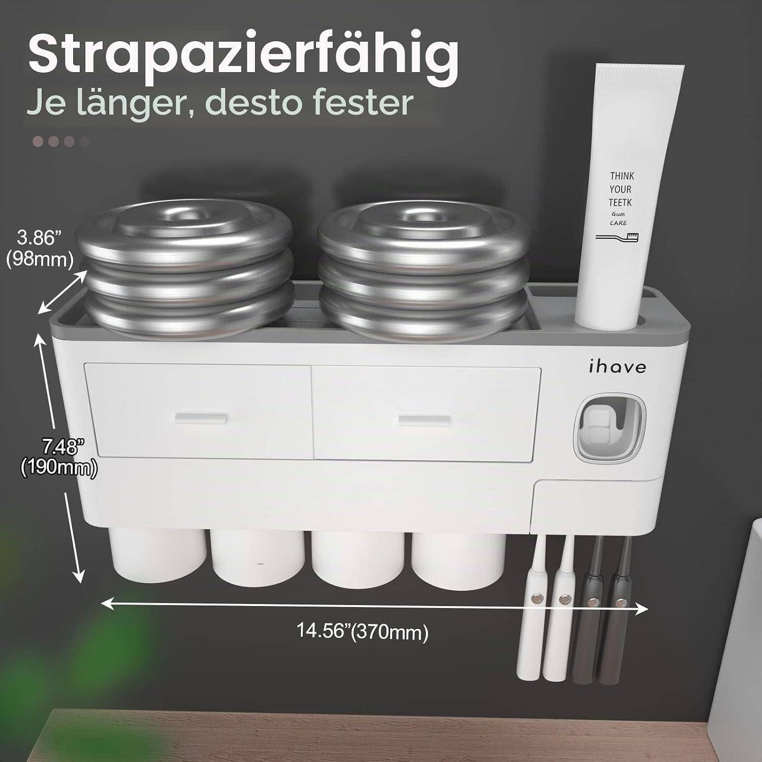 Kompakter wandmontierter Speicherorganizer mit Schubladen, Regalen und Zahnbürstenhaltern, gezeigt mit Abmessungen von 14,56 x 7,48 x 3,86 Zoll.