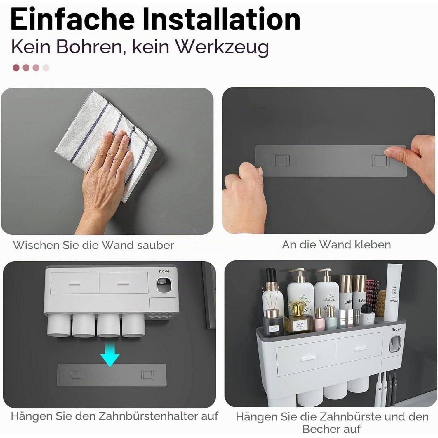 Deutsche Anleitung zeigt mühelose Installation ohne Bohren oder Werkzeuge: Wand reinigen, Klebestreifen anbringen, Zahnbürstenhalter aufhängen, dann Zahnbürsten und Rasierer verstauen.
