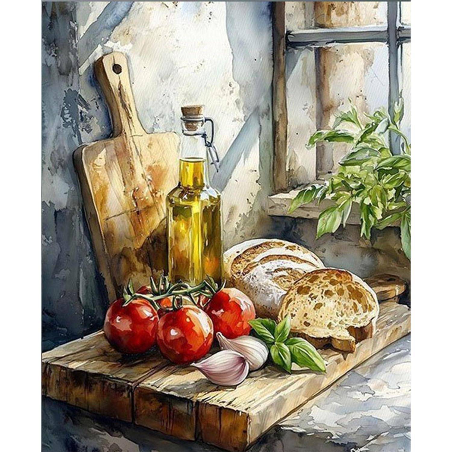 Rustikales Küchenstillleben mit Tomaten, Knoblauch, Basilikum, Brot und Olivenöl auf einem Holzbrett neben einem Fenster.