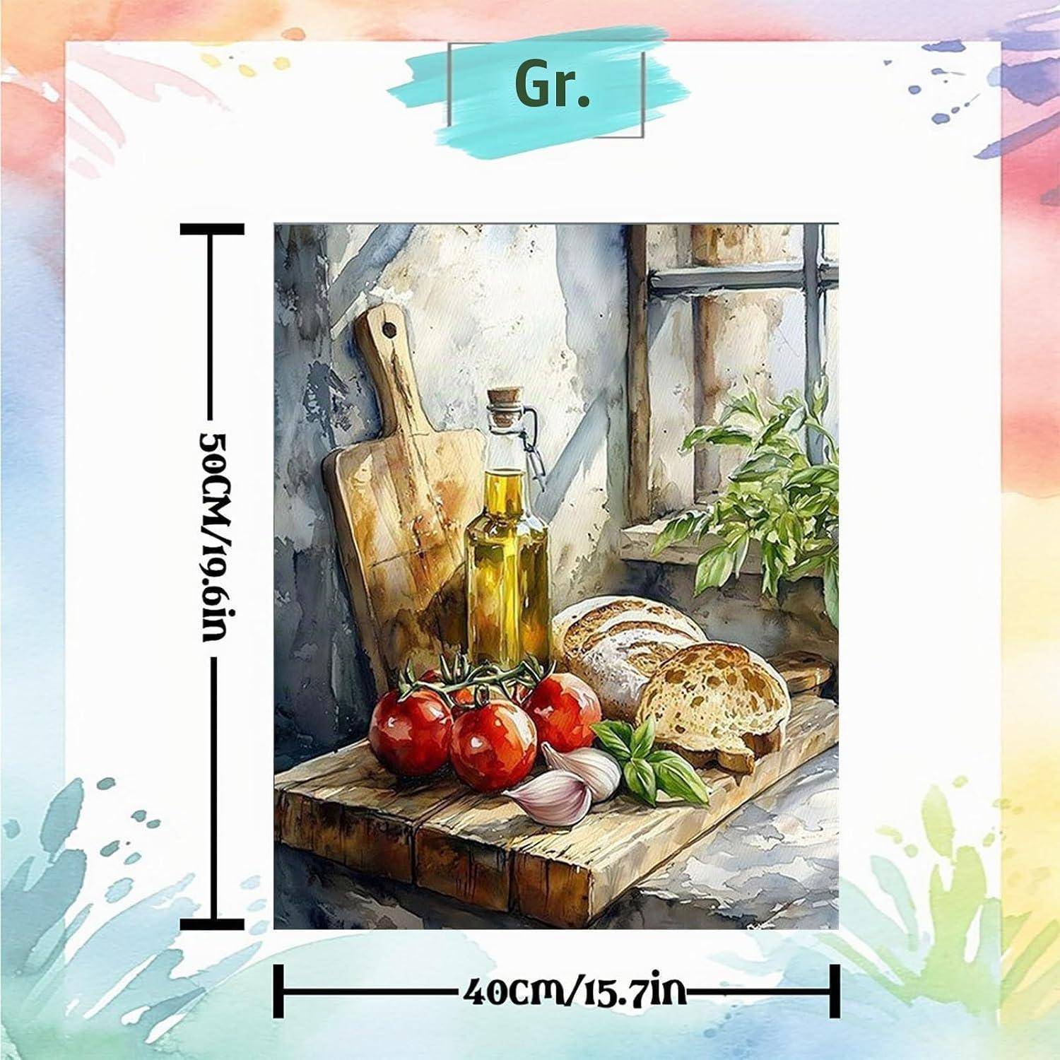 Aquarell-Stillleben mit Lebensmitteln auf einem 40 cm x 50 cm Druck: Tomaten, Brot, Knoblauch, Basilikum und Olivenöl auf einem Holzbrett neben einem Fenster.
