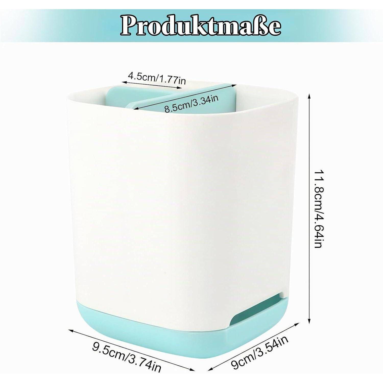 Produktabmessungsdiagramm einer weiß-türkisfarbenen Aufbewahrungsbox: 11,8 cm hoch, 9,5 cm breit, 9 cm tief, mit oberer Öffnung 8,5 x 4,5 cm.