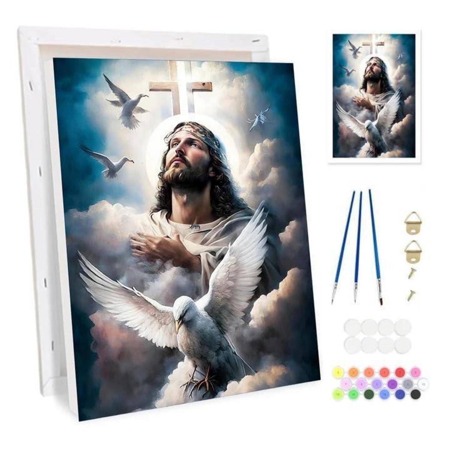 DIY-Malset nach Zahlen mit Motiv von Jesus mit Tauben und Kreuz, inklusive Pinseln, Aufhängungszubehör und Farbtöpfen für das enthaltene Kunstwerk.