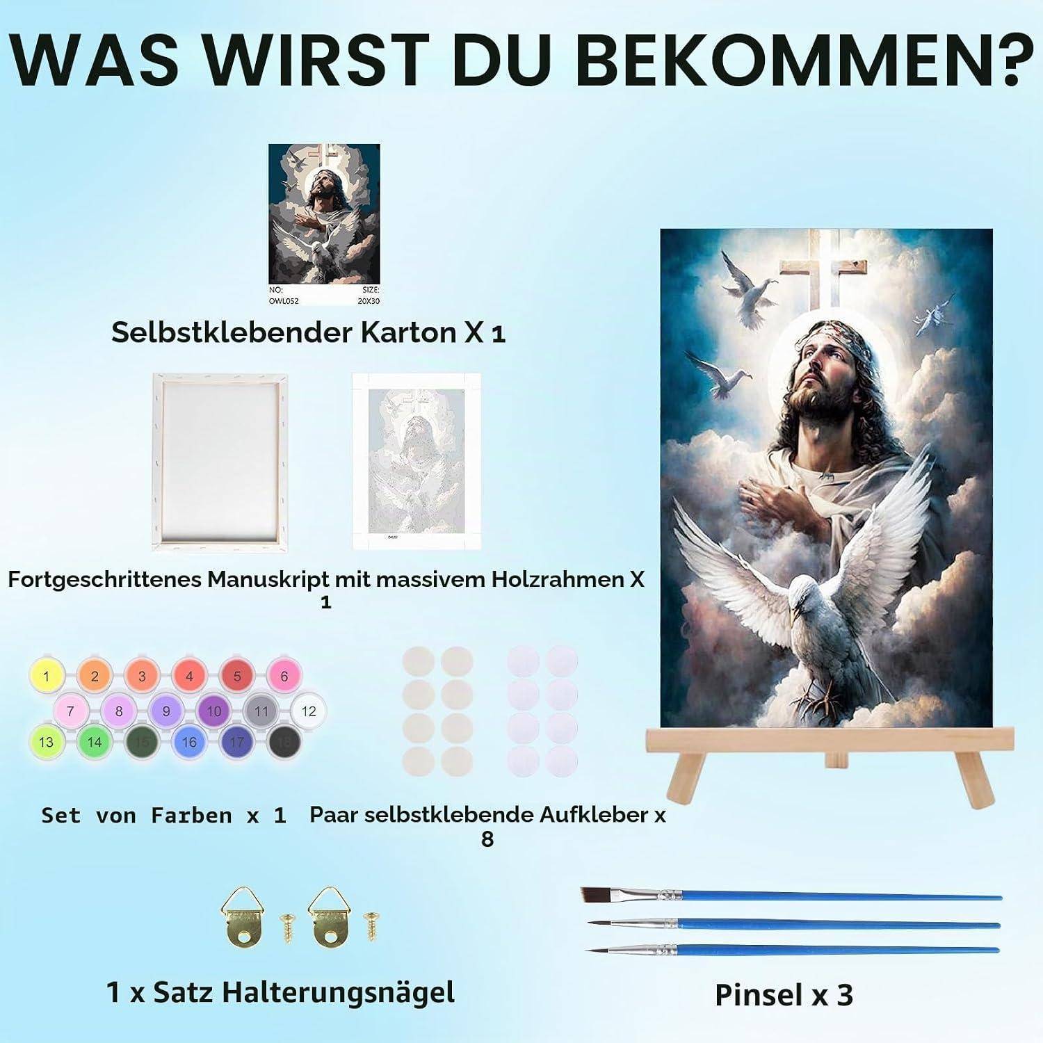 Deutsches Produktinhalts-Grafikzeigen, was Sie erhalten: selbstklebendes Karton x1, gerahmtes Manuskript x1, Farbsatz x1, Aufkleber x8, Satz Aufhängenägel und 3 Pinsel.