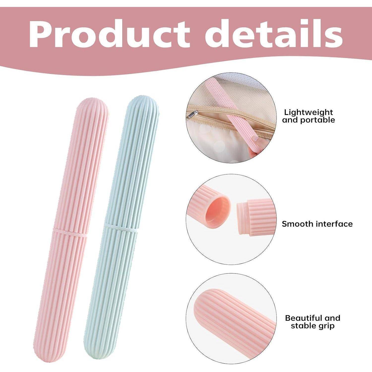 Produktdetailbild mit zwei gerippten tragbaren Behältern in Rosa und Mintgrün, mit Beschriftungen für „Leicht und tragbar