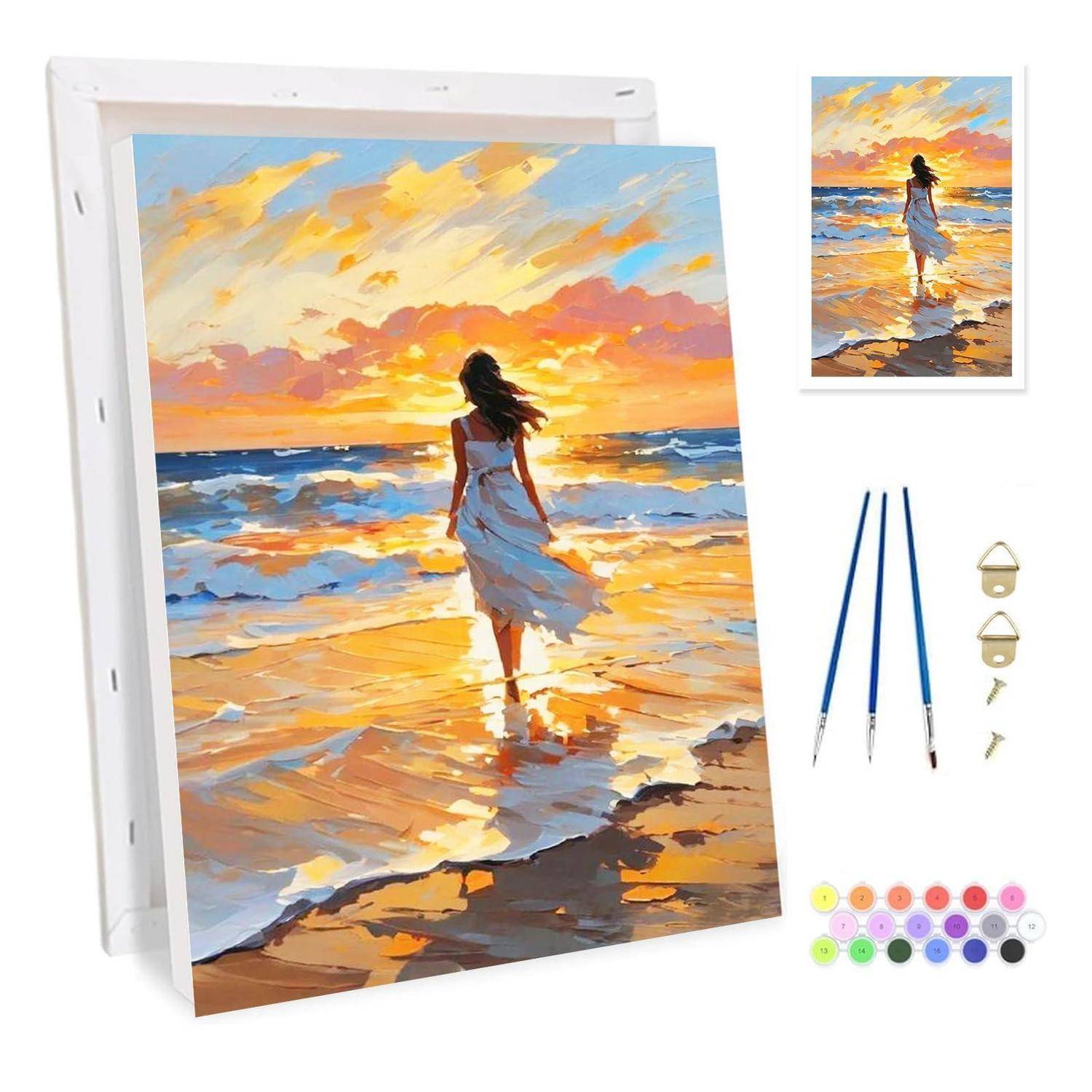 Malen-nach-Zahlen-Set mit einer Frau, die an einem Sonnenuntergangsstrand spaziert, sowie Leinwand, Pinseln, Haken und Farbtöpfen.