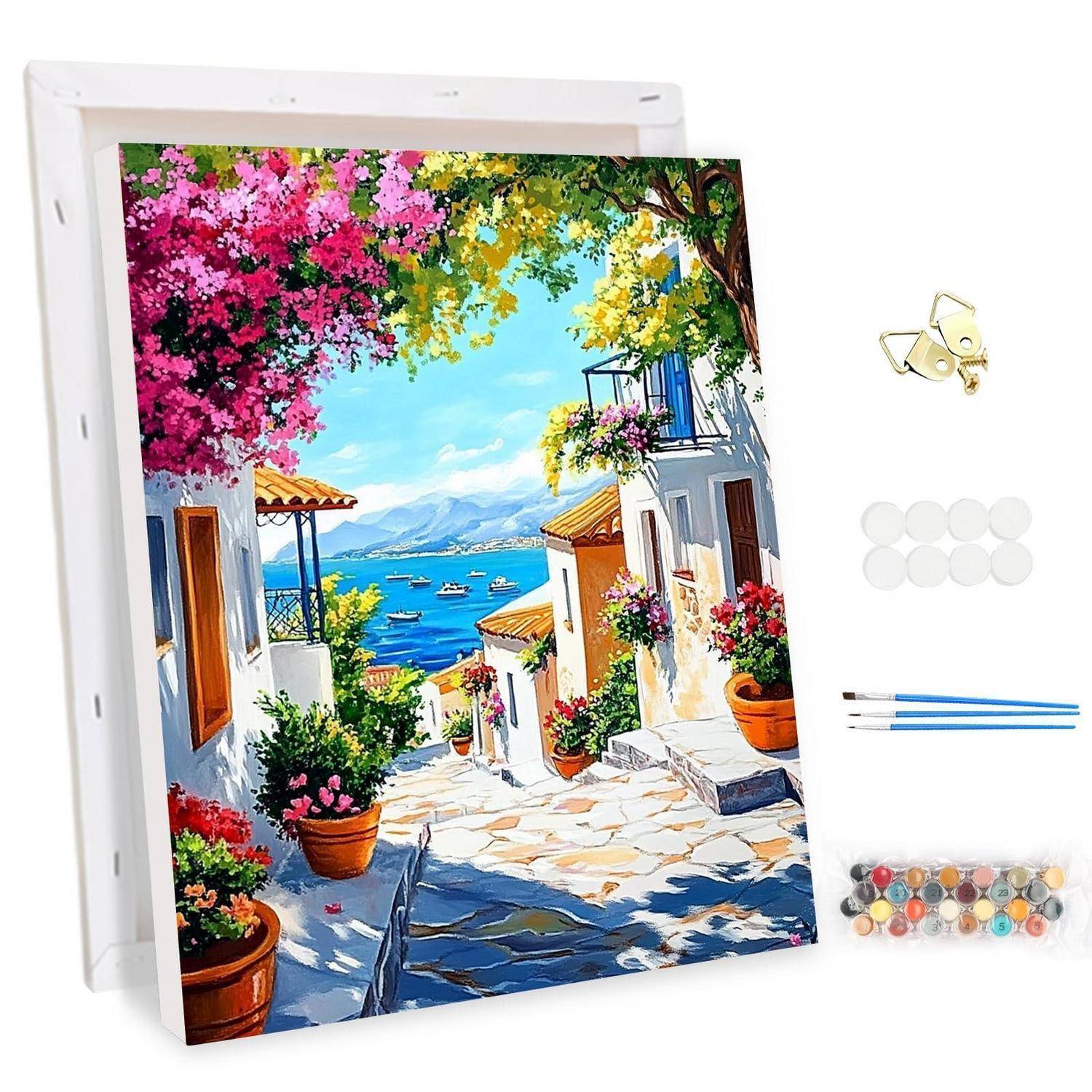 Malbuch-Set mit einer bunten mediterranen Strandstraßenszene, plus Pinsel, nummerierte Farbdosen und Aufhängehardware.