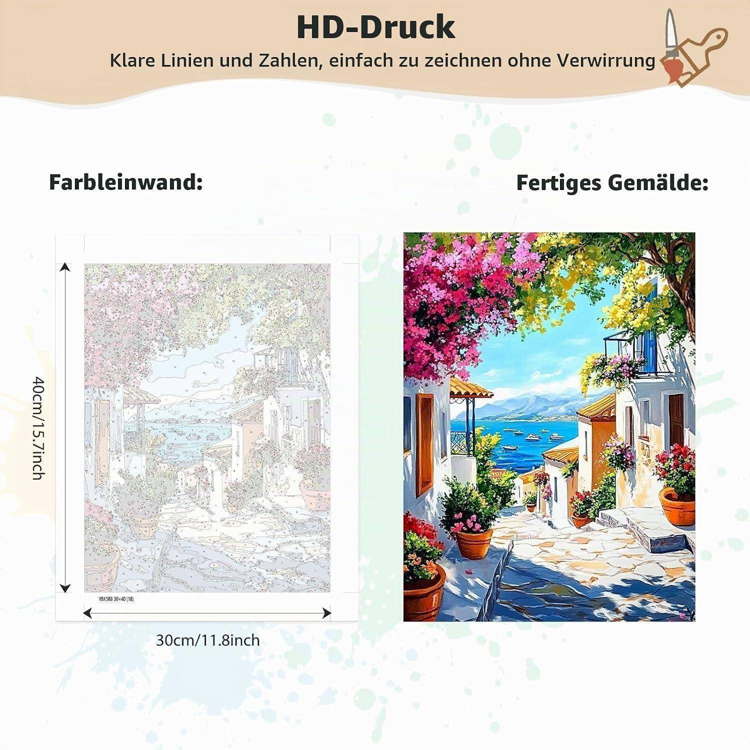 Produktgrafik zum Vergleich einer leeren HD-Druck-Leinwand und des fertigen farbenfrohen Küstenstrandgemäldes, beschriftet mit den Abmessungen 30 cm x 40 cm.