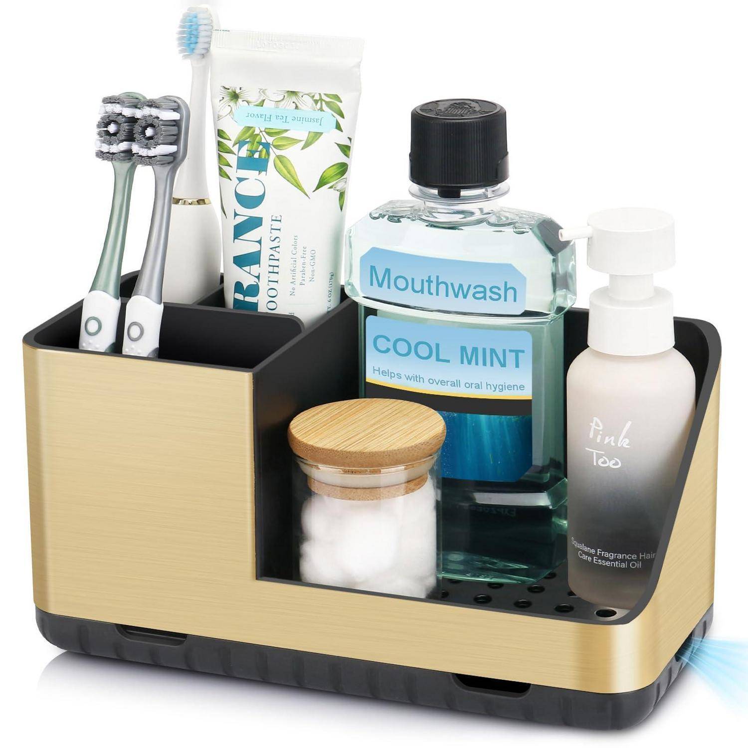 Badezimmer-Arbeitsplatte-Organizer, der Zahnbürsten, Zahnpasta, Mundwasser, Wattestäbchen und eine kleine Pumpflasche in separaten Fächern hält.