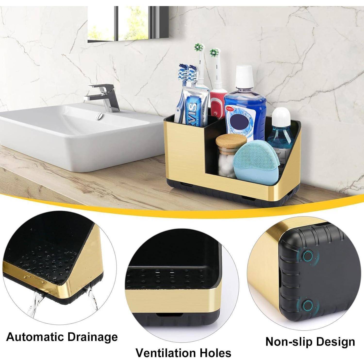 Badezimmer-Arbeitsplatte-Organizer mit Zahnbürsten, Zahnpasta, Seife und Toilettenartikeln neben einem Waschbecken; eingefügte Beschriftungen zeigen automatische Entwässerung, Belüftungslöcher und rutschfestes Design.