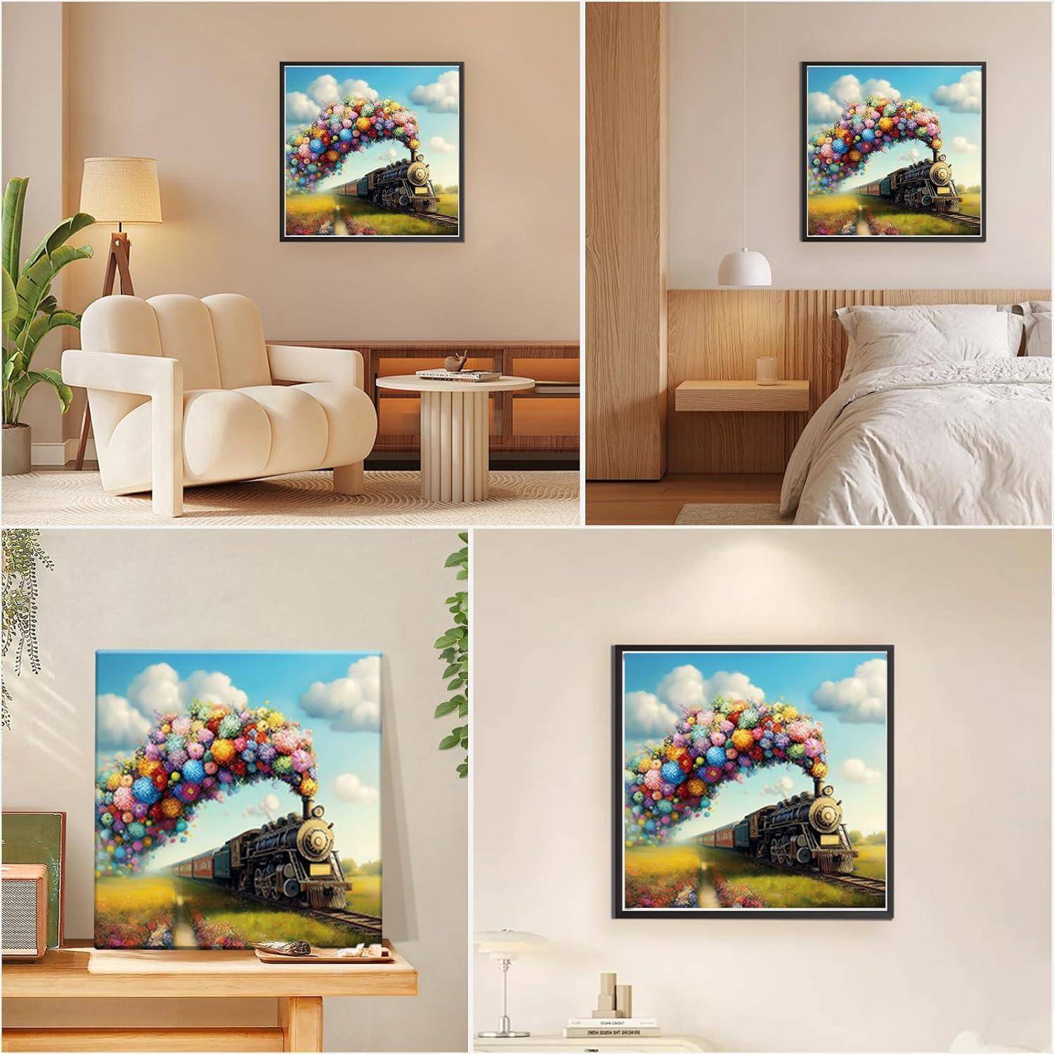 Ein gerahmtes buntes Kunstwerk mit Zug und Luftballons, das über einem Sofa, Bett und Regalen in einem modernen, neutralen Zimmer angebracht ist.