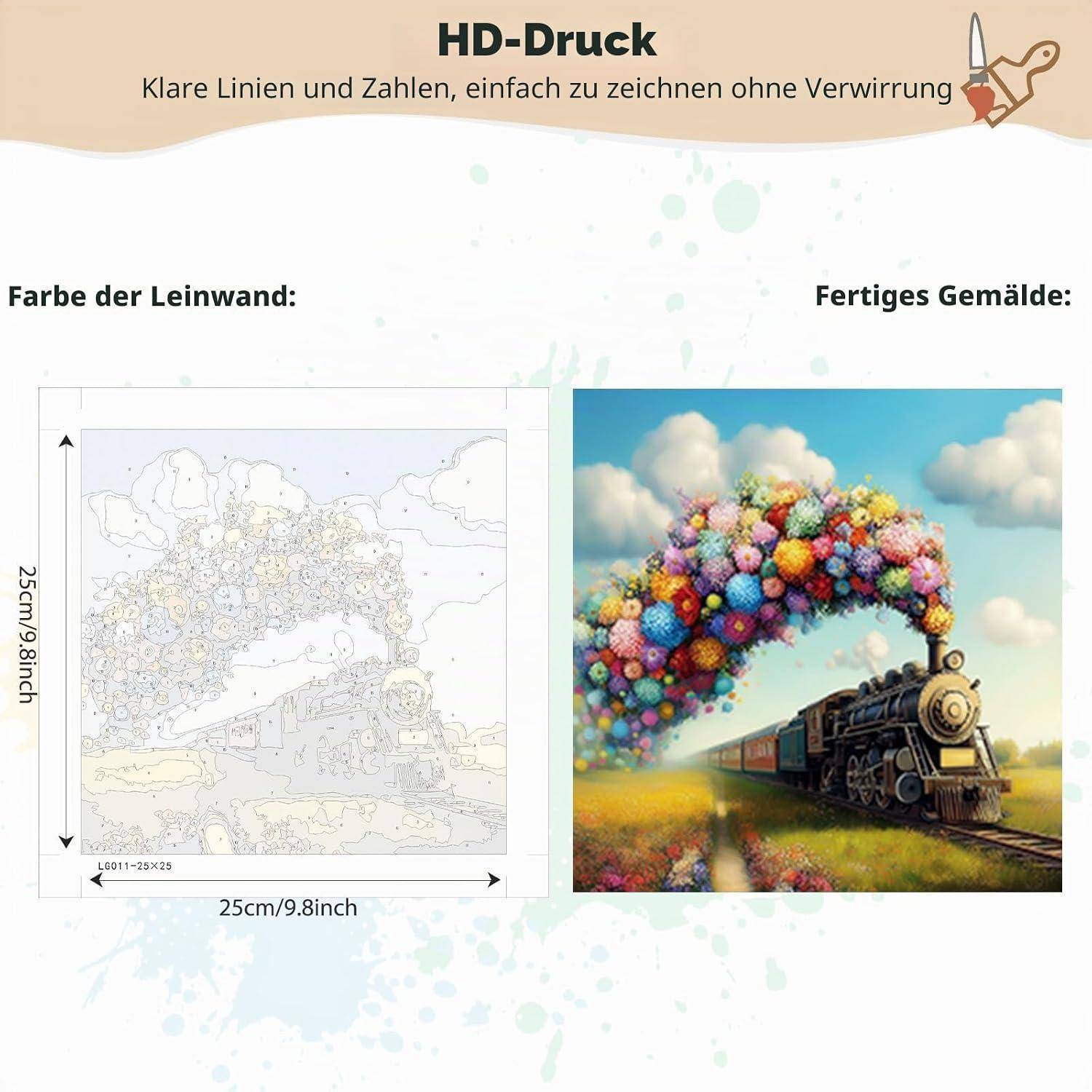 Nebeneinander-Beispiel eines HD-Maldrucks: links zeigt eine nummerierte Strichzeichnungs-Leinwand, rechts zeigt den fertigen bunten Zug mit ballonähnlichen Blumen und einer Regenbogenspur.