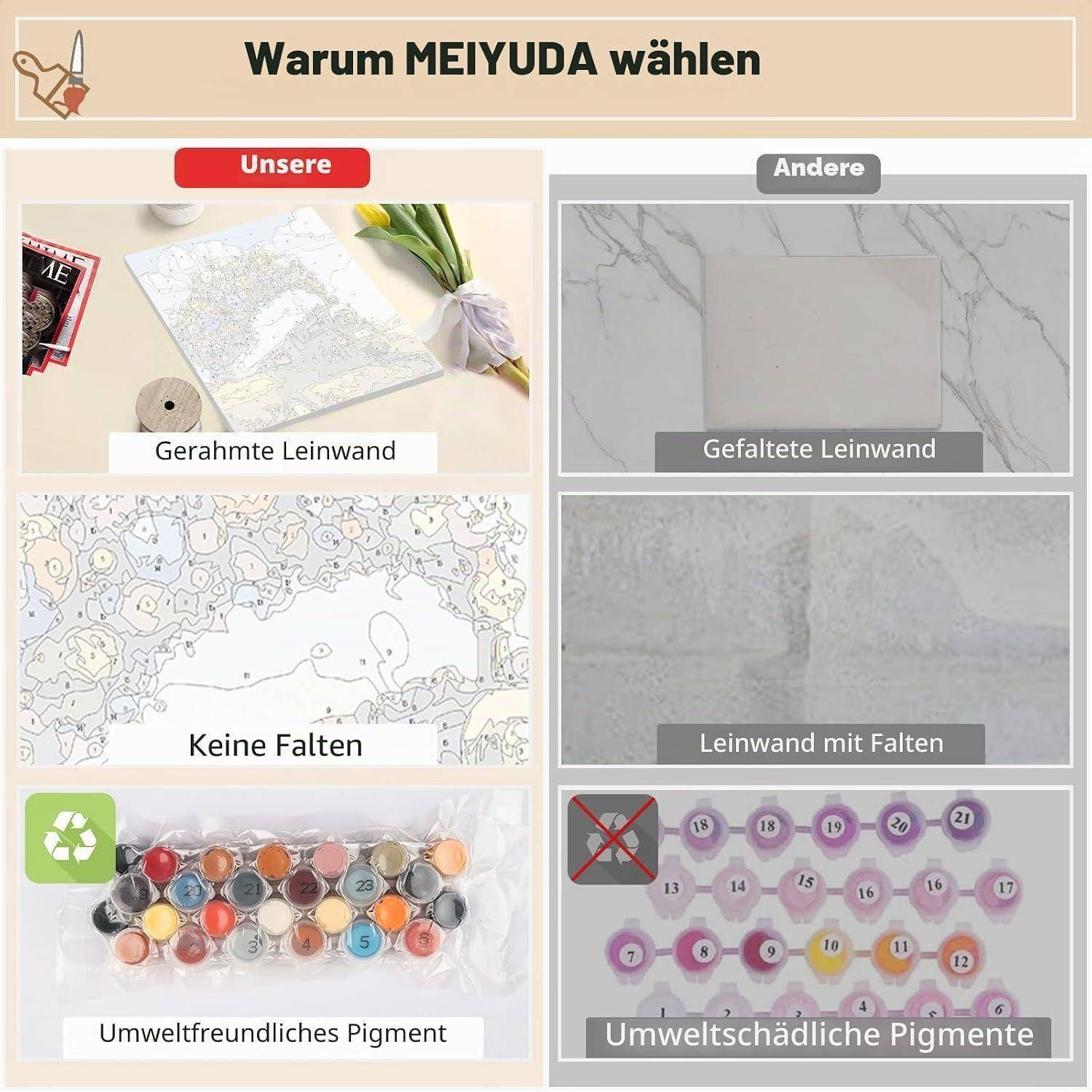 Vergleichsgrafik mit MEIYUDA-Leinwänden: gespannte Leinwand ohne Falten, umweltfreundliche Pigmente gegenüber anderen Marken mit gefalteter Leinwand und schädlichen Pigmenten.